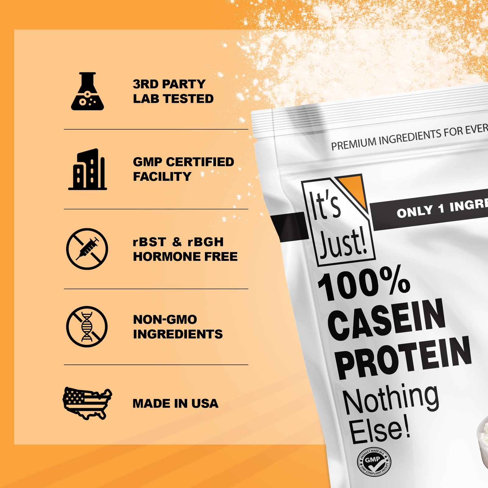 USA Made 100% Casein Protein Powder, Slow Burning, Time Release, Unflavored