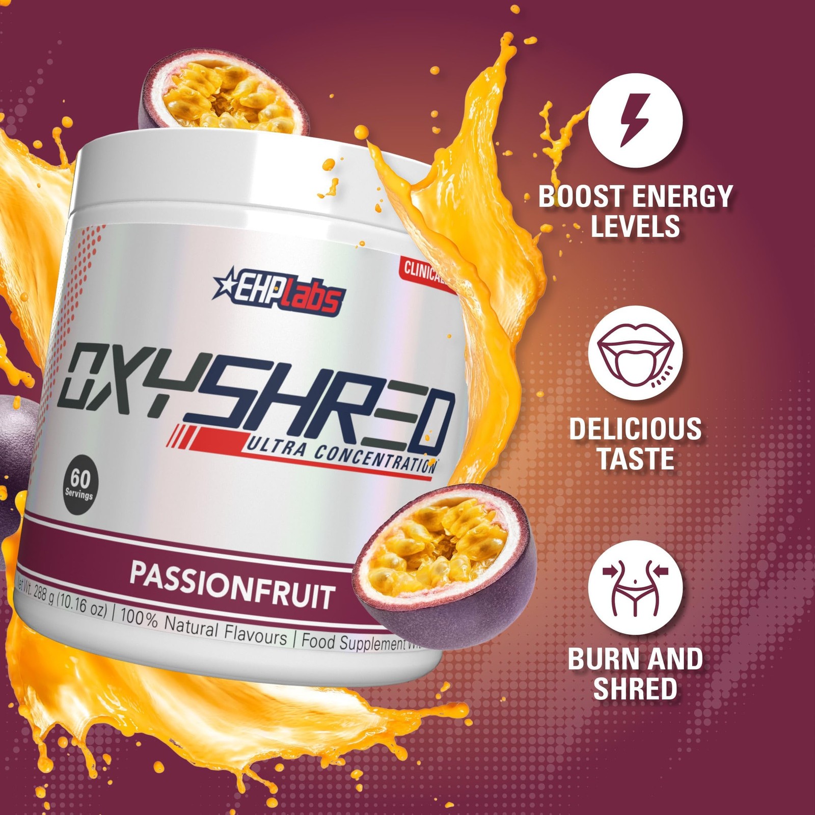 EHP Labs OxyShred Pre Workout Powder – L-Glutamine & Carnitine – Passionfruit 60