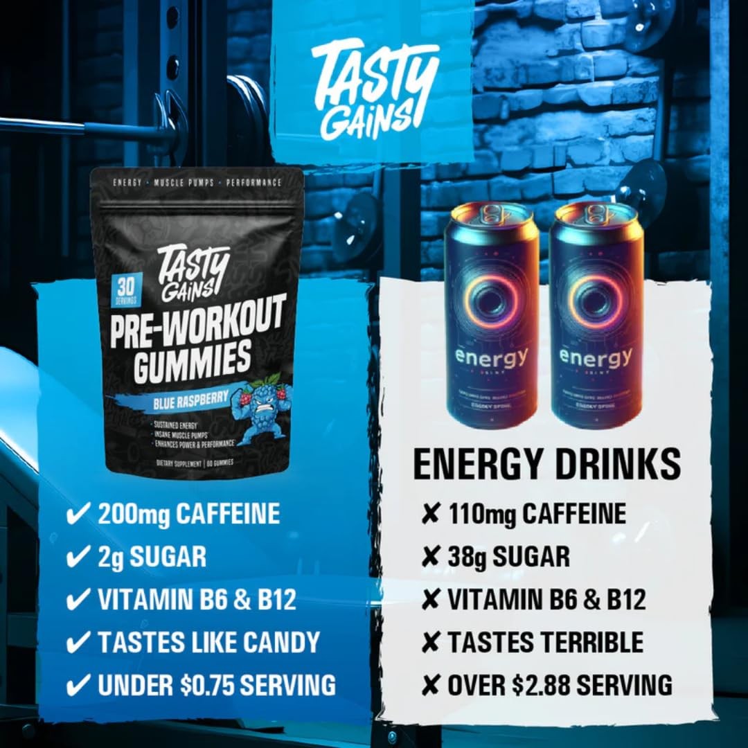 Tasty Gains – Pre-Workout Gummies Energy Focus Boost Caffeine Gummies For Men