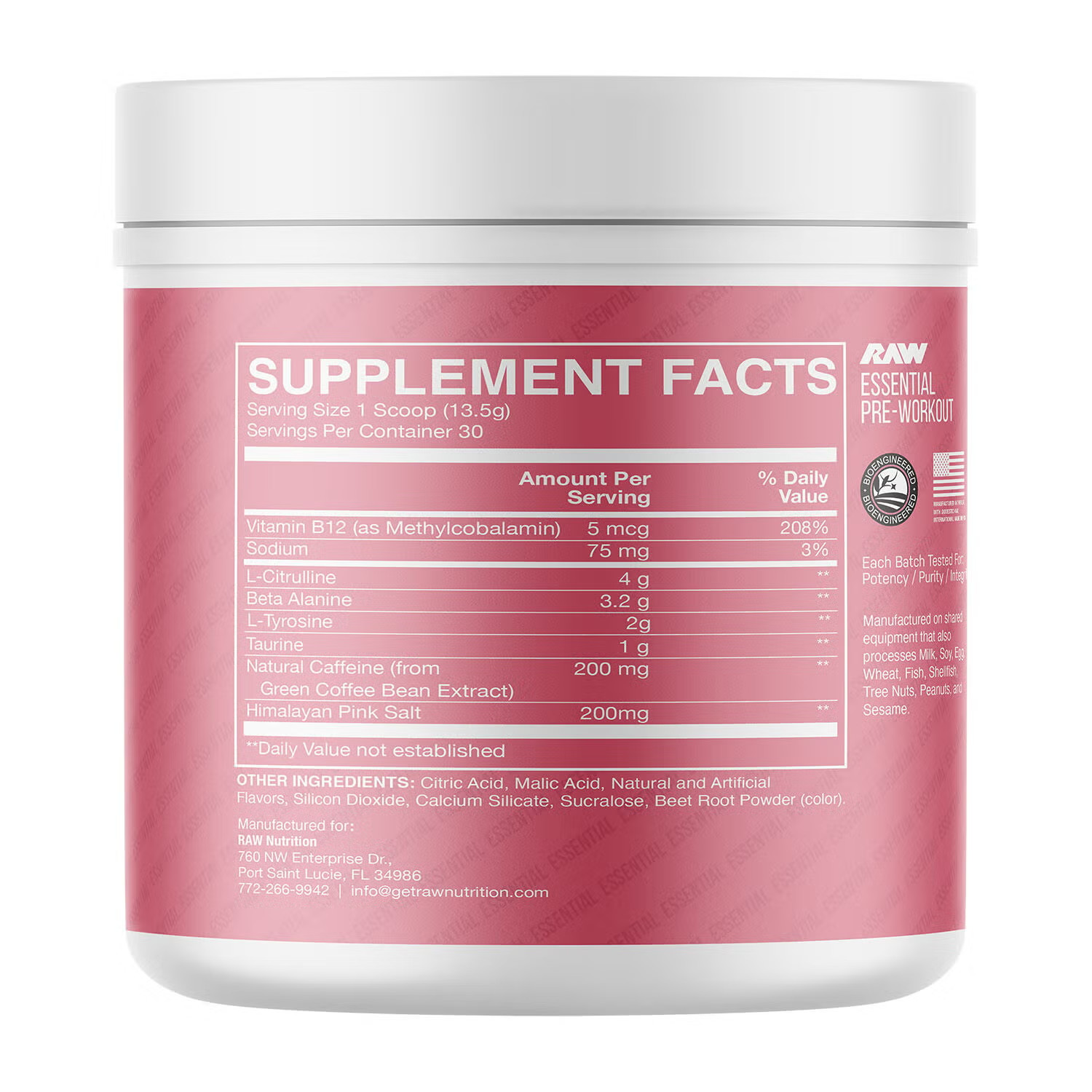 RAW Nutrition Essential Pre Workout Powder,Sour Watermelon, 30 Serv.-EXP.02/2027