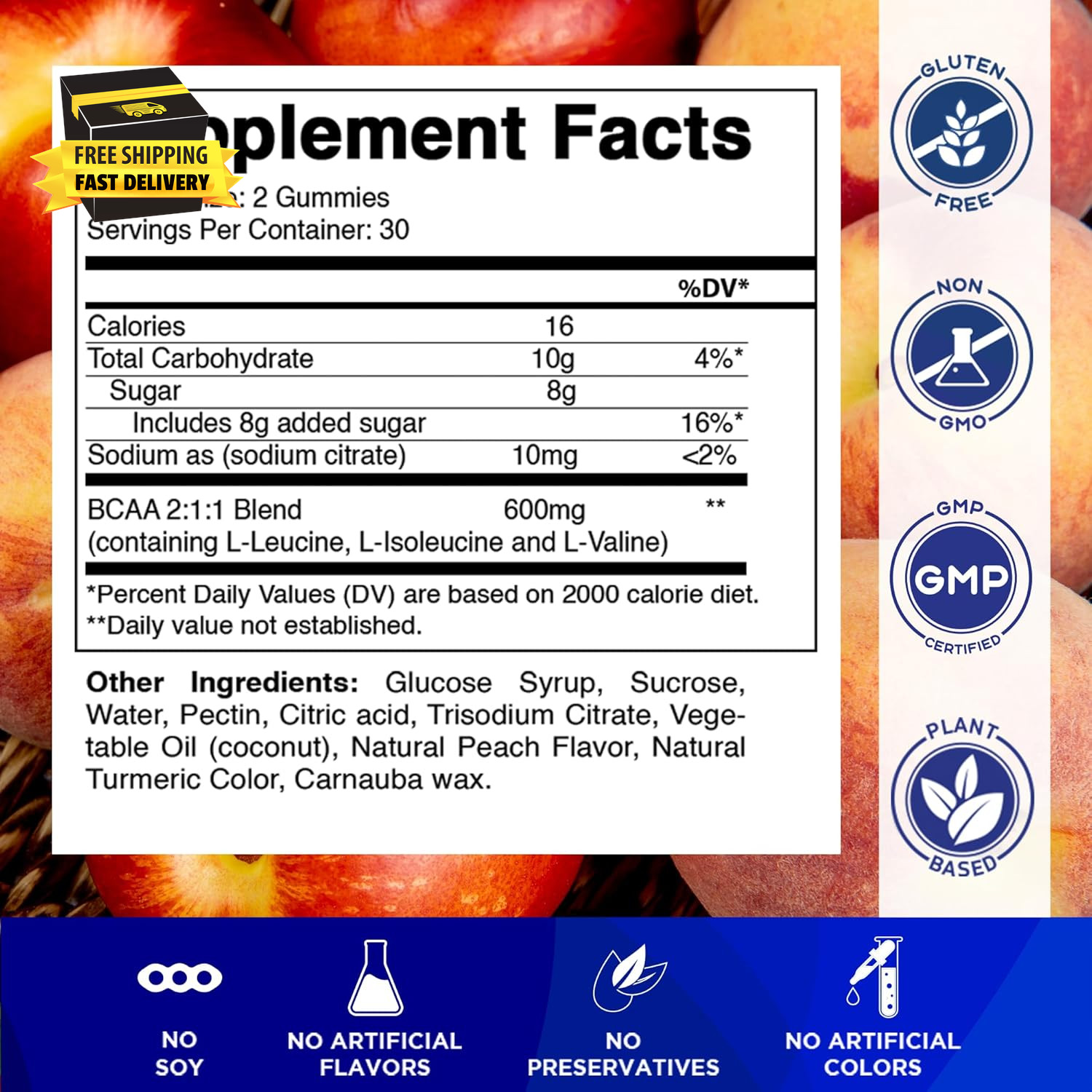 BCAA Gummies – Branch Chain Amino Acid Supplements – Peach Flavor – 600Mg per Se