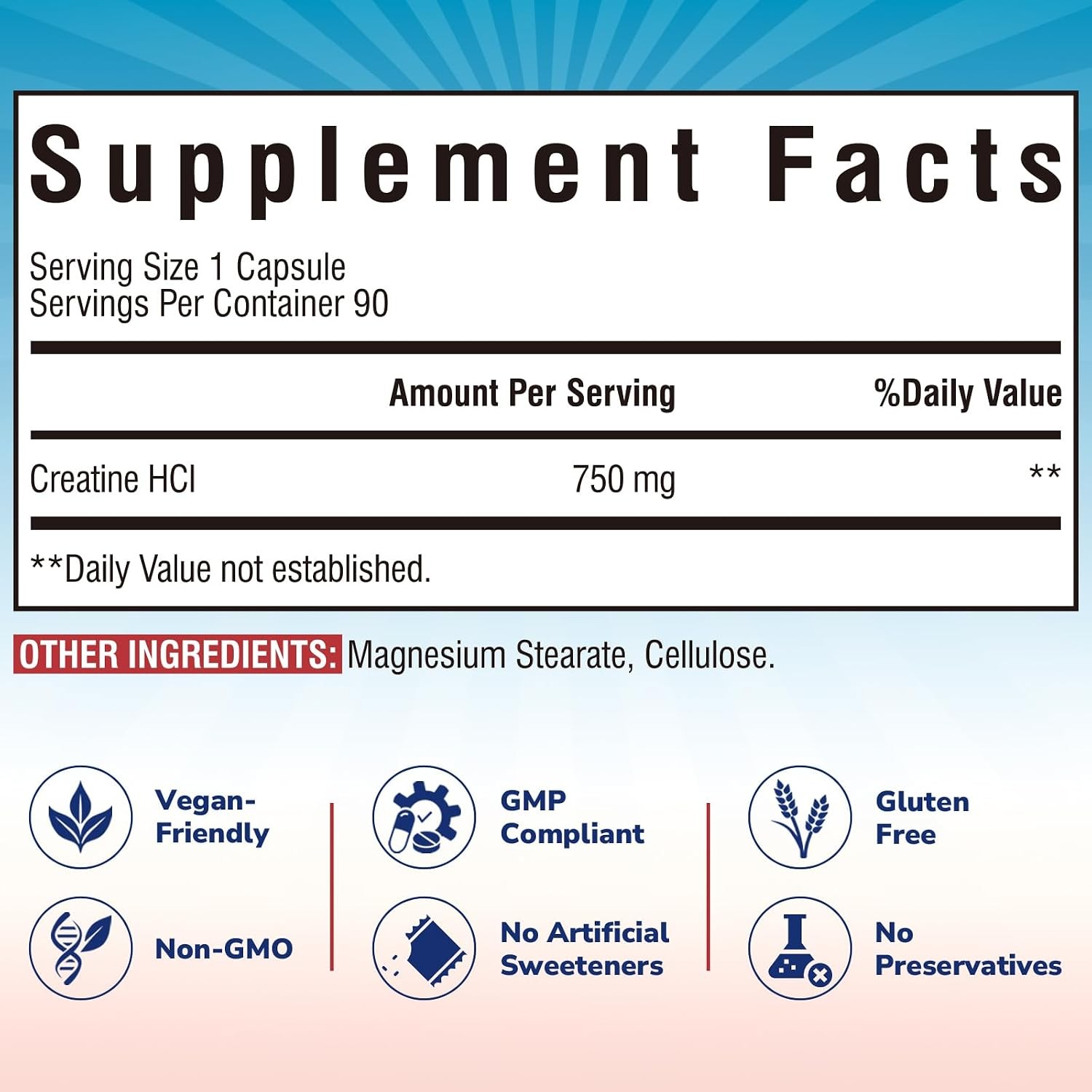 750mg High Absorption Creatine HCl Capsules, 90 Count, Creatine HCl