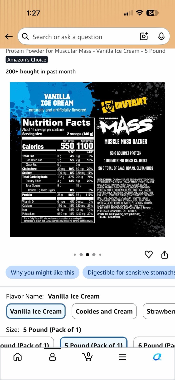 Mutant Mass Gainer Powder for Muscle Gain, Vanilla Ice Cream Flavor, 5 lb