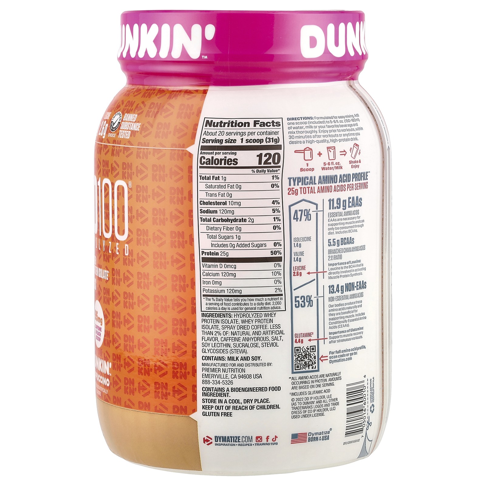ISO100 Hydrolyzed, 100% Whey Protein Isolate, Dunkin’ Cappuccino, 1.3 lb (610 g)