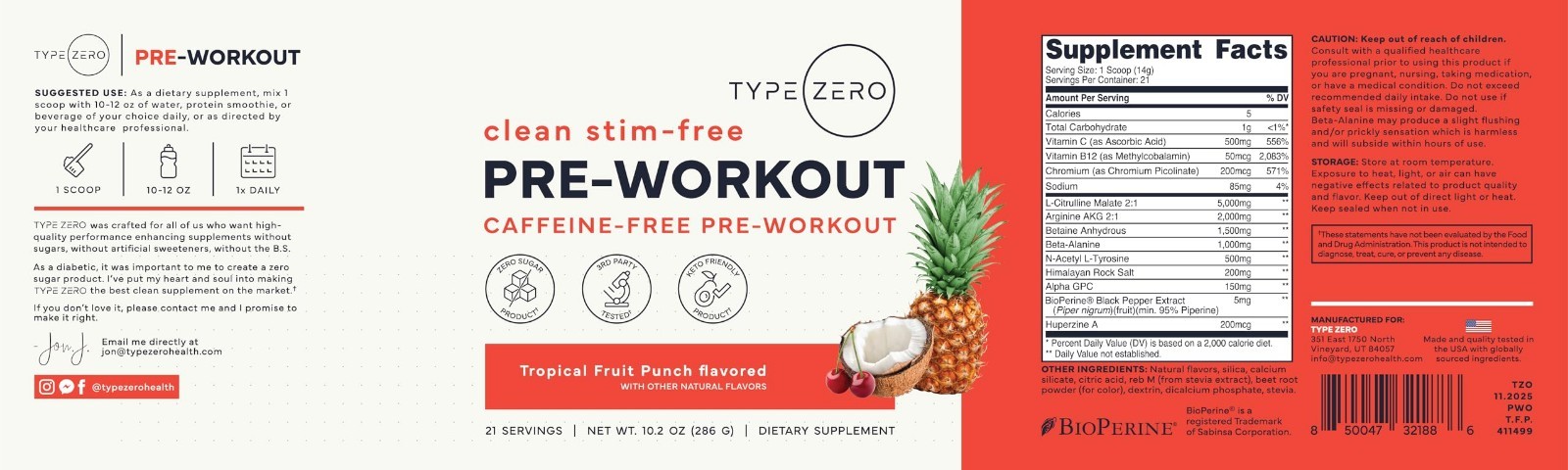 Stim Free Pre Workout Powder – Tropical Fruit Punch, 21 Servings, Nitric Oxide B