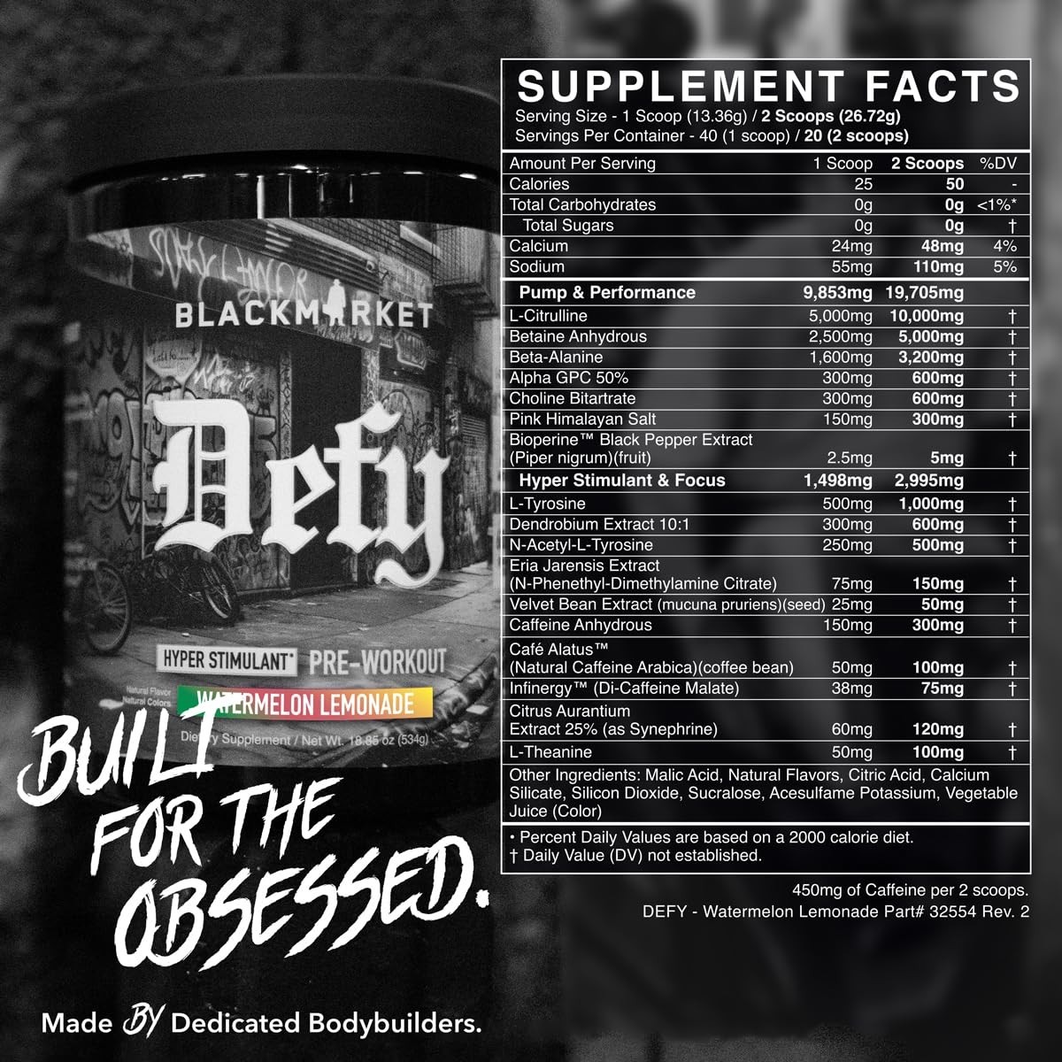 High-Stimulant Pre-Workout Powder – 450mg Caffeine, L-Citrulline, Watermelon Lem