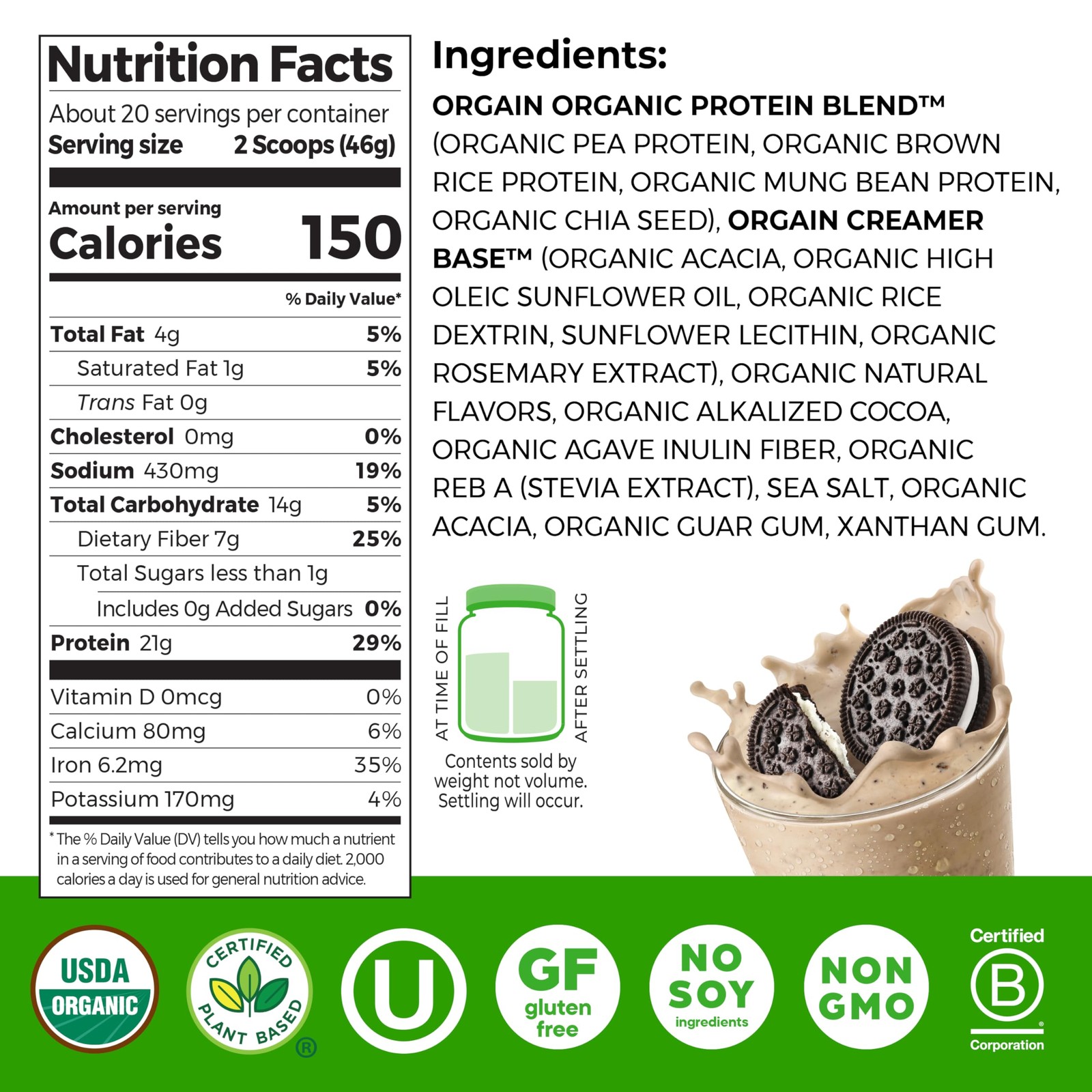 Orgain Organic Vegan Protein Powder, 2.03 Pound (Pack of 1), Cookies ‘N Cream