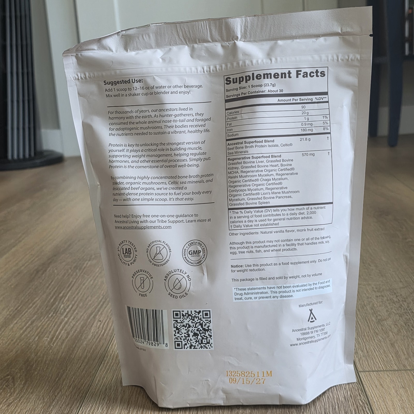 Ancestral Supplements Grass Fed Protein Powder Vanilla w Shaker 9/15/27 1.63 lbs