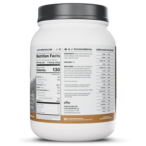 Levels Grass Fed Whey Protein Powder Double Chocolate 1.48 lb 24g Protein