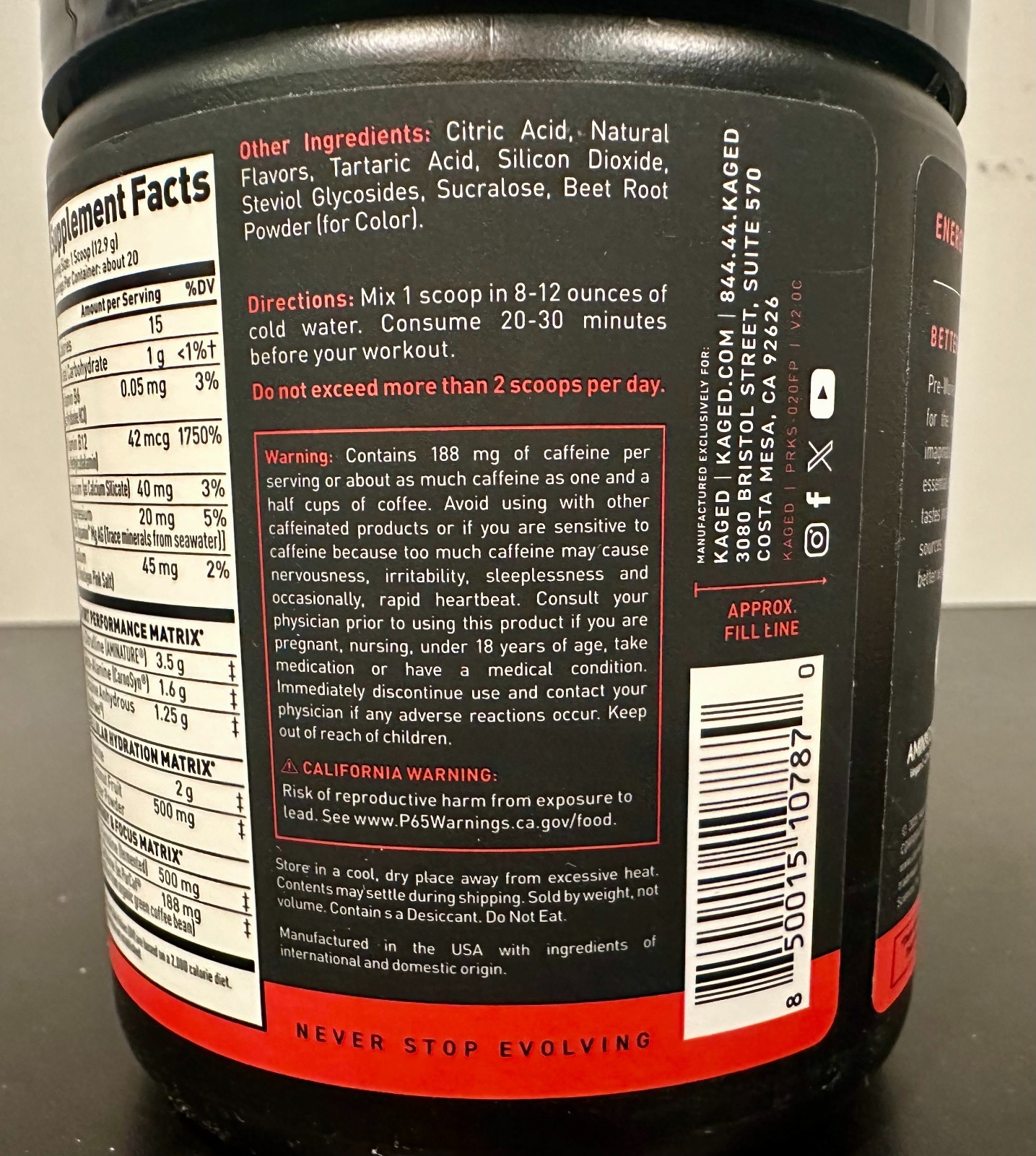 Kaged Muscle Pre-Workout Sport Dietary Supplement Fruit Punch 9.1 oz (Exp 09/27)