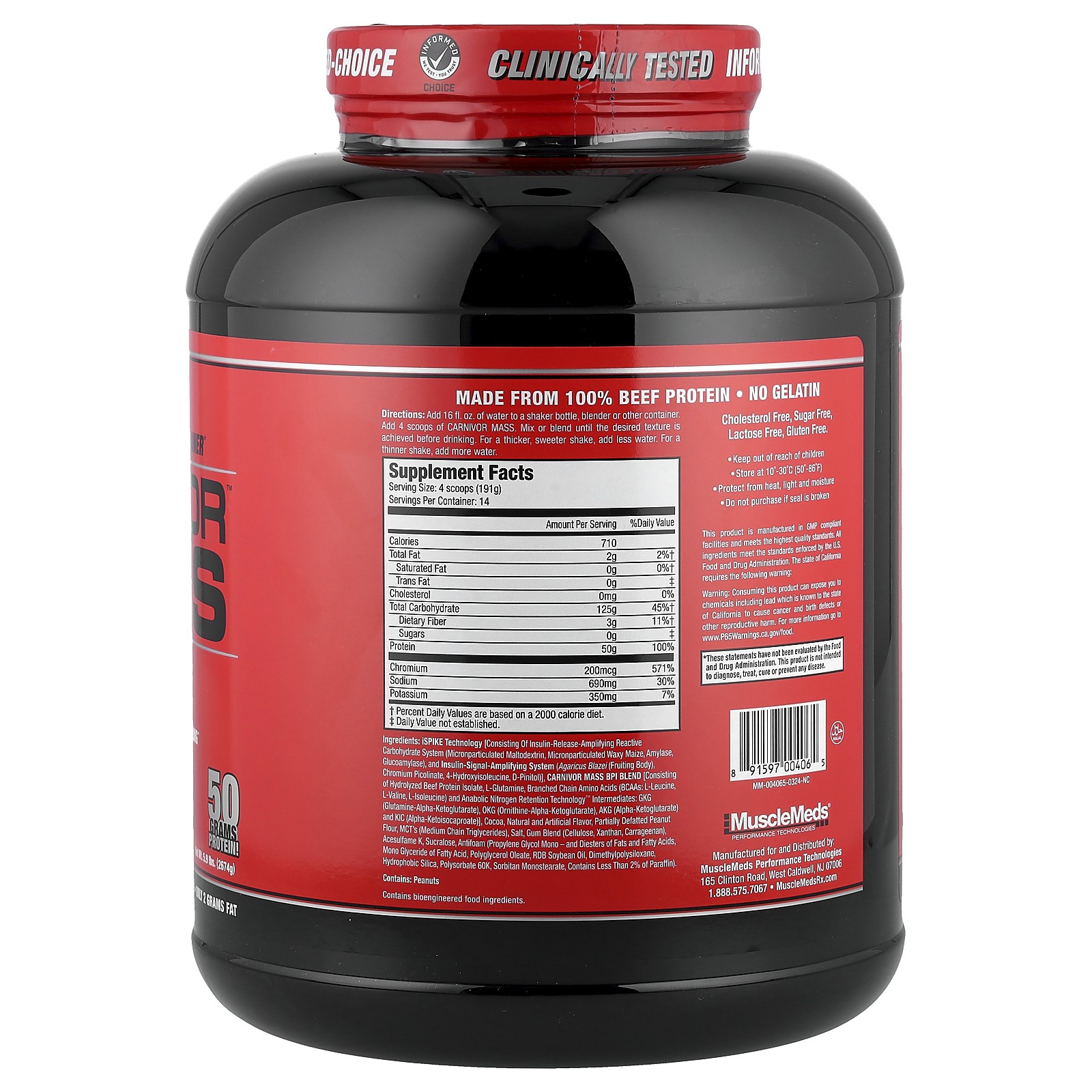 MuscleMeds Carnivor Mass Chocolate Peanut Butter 6 lbs 2 744 g Cholesterol-Free,