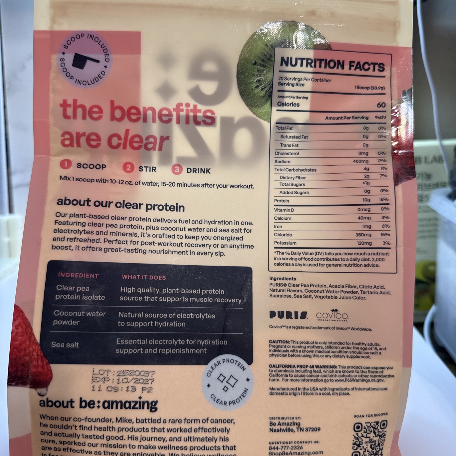 be amazing Clear Protein Vegan Dairy Free Strawberry Kiwi Powder 20 Serv 14.74oz