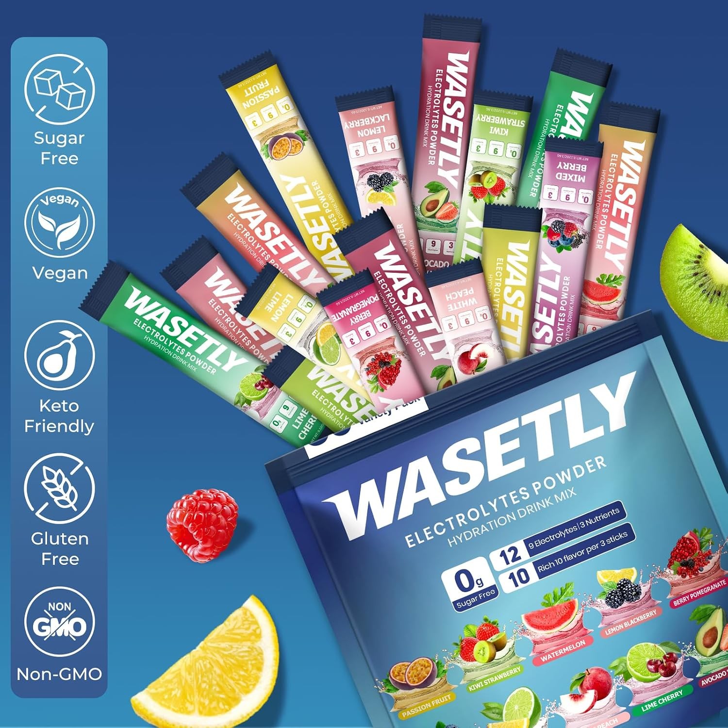 Electrolytes Powder Packets Sugar Free Hydration Packets, 30 Sticks 10 Flavors E