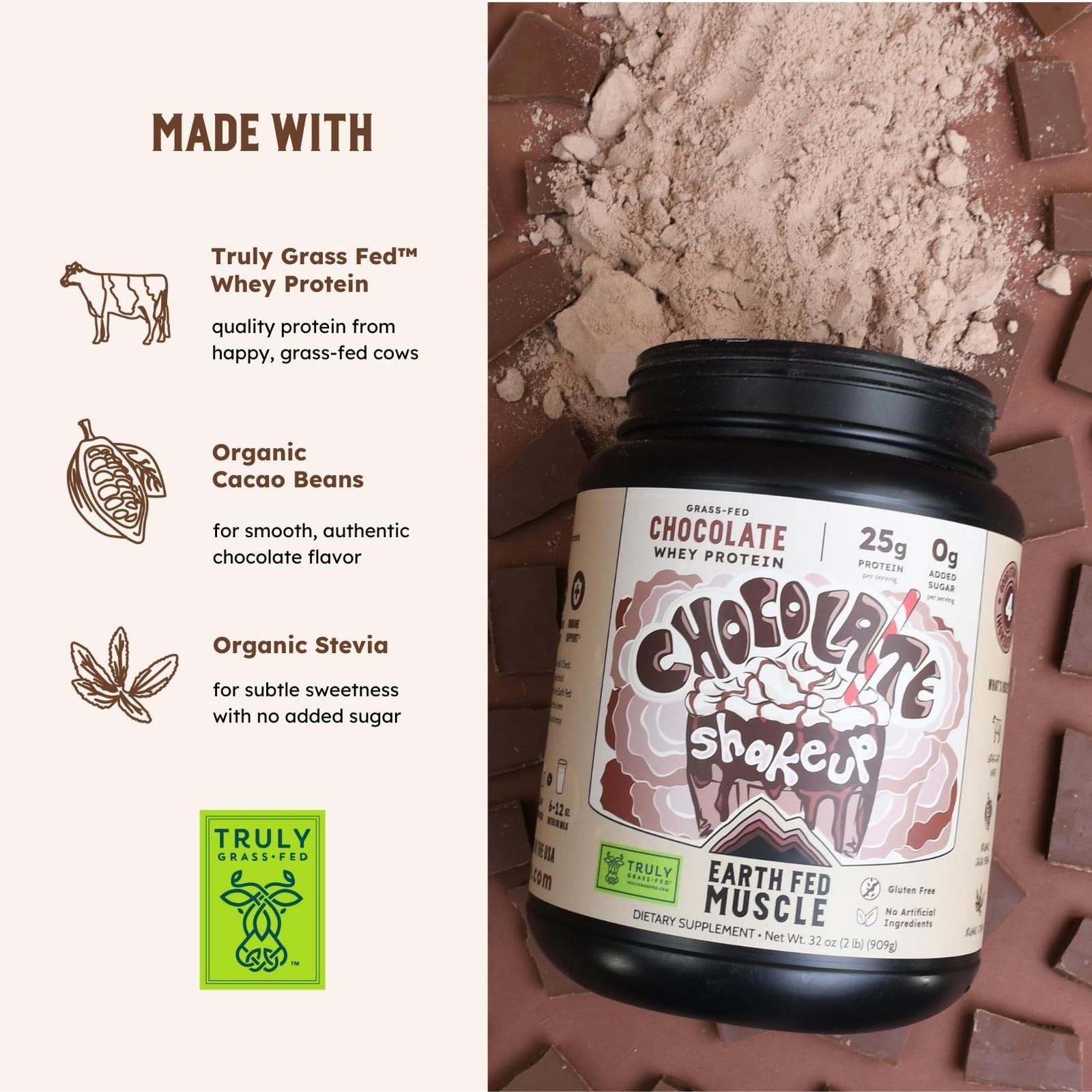 Earth Fed Muscle Chocolate Shakeup Truly Grass Whey 2 Pound (Pack of 1)