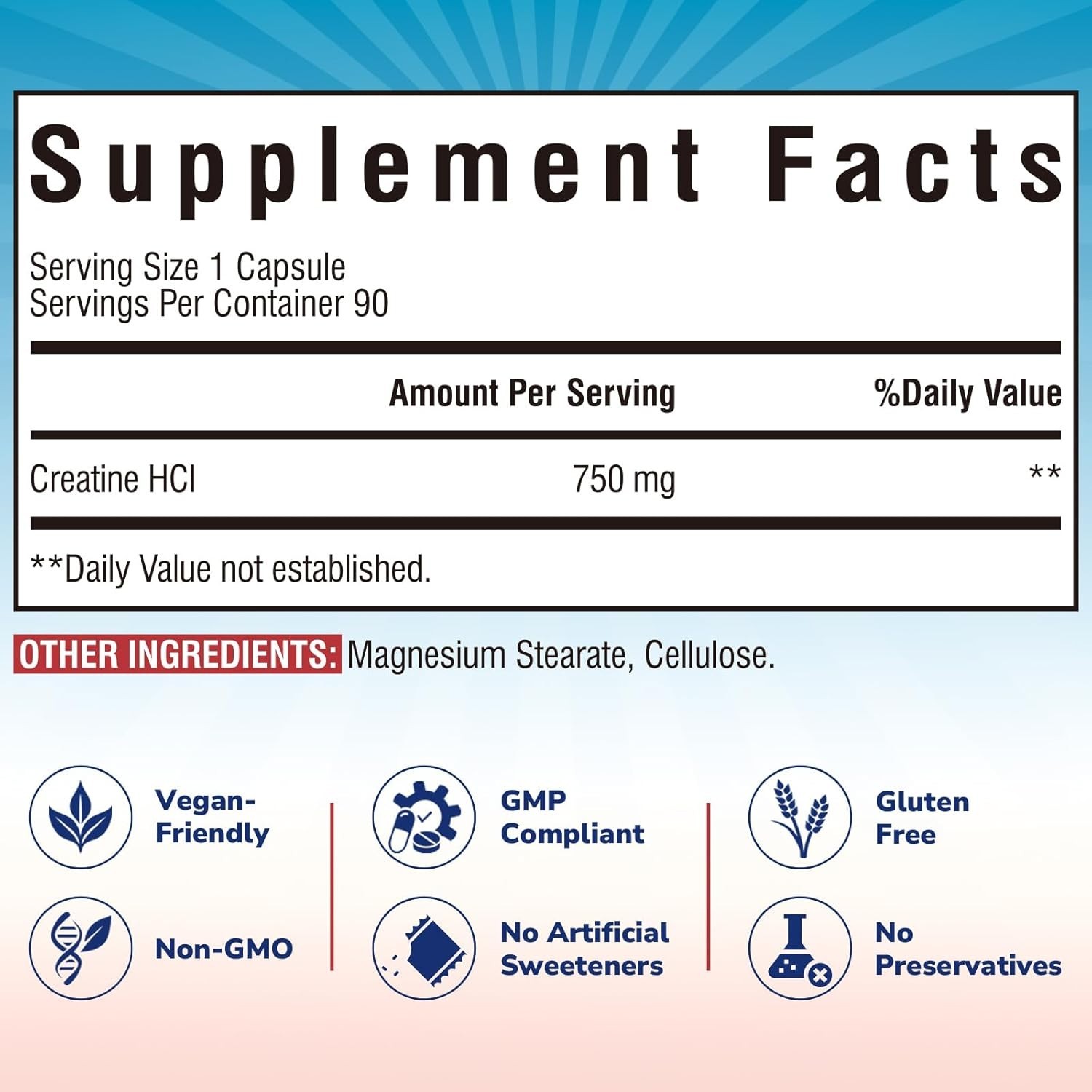 750mg Pure Creatine HCl – No Bloat, Once Daily for Optimal Performance, 90 Caps