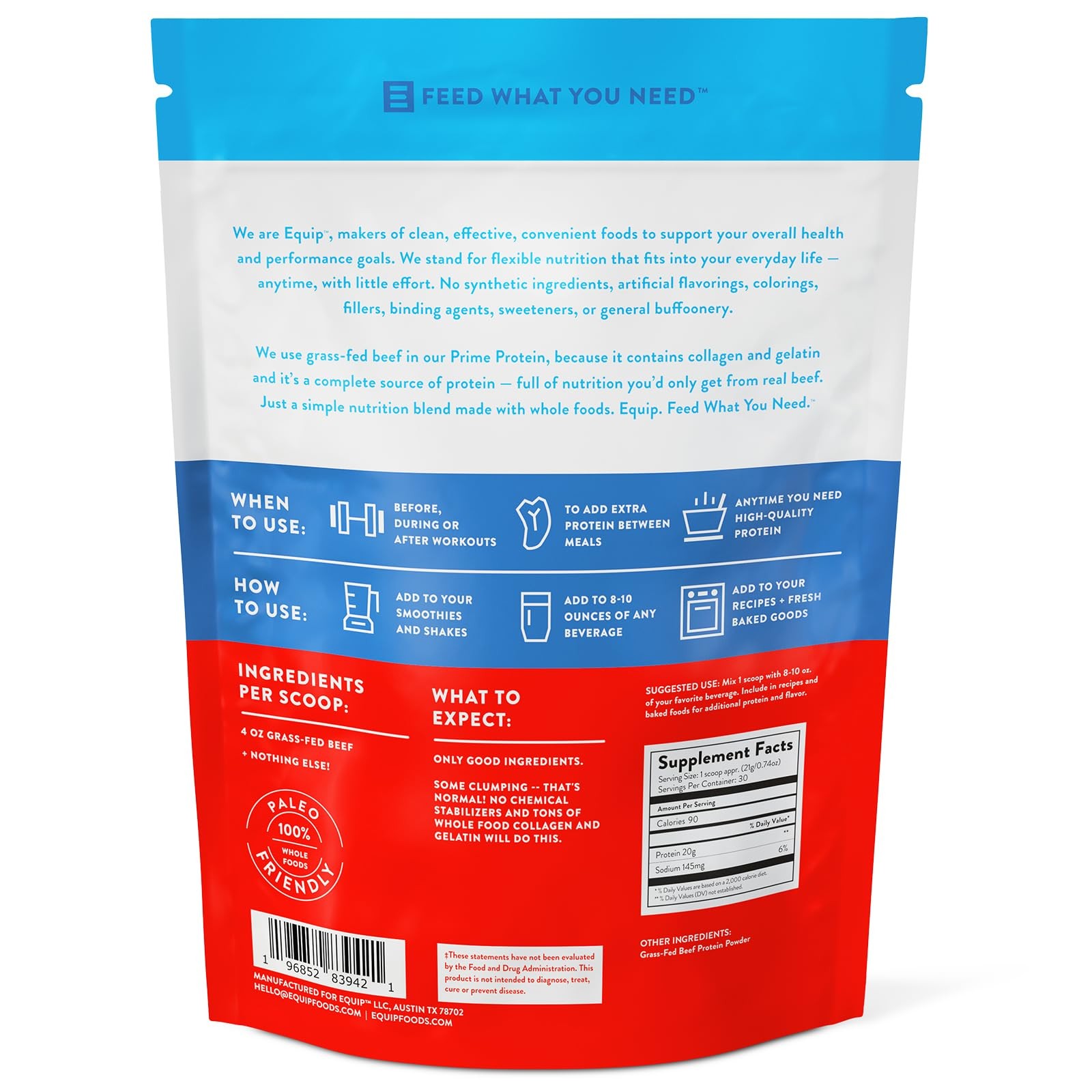 Equip Foods Prime Protein Powder Grass Fed Beef Protein 30 Servings, Unflavored.