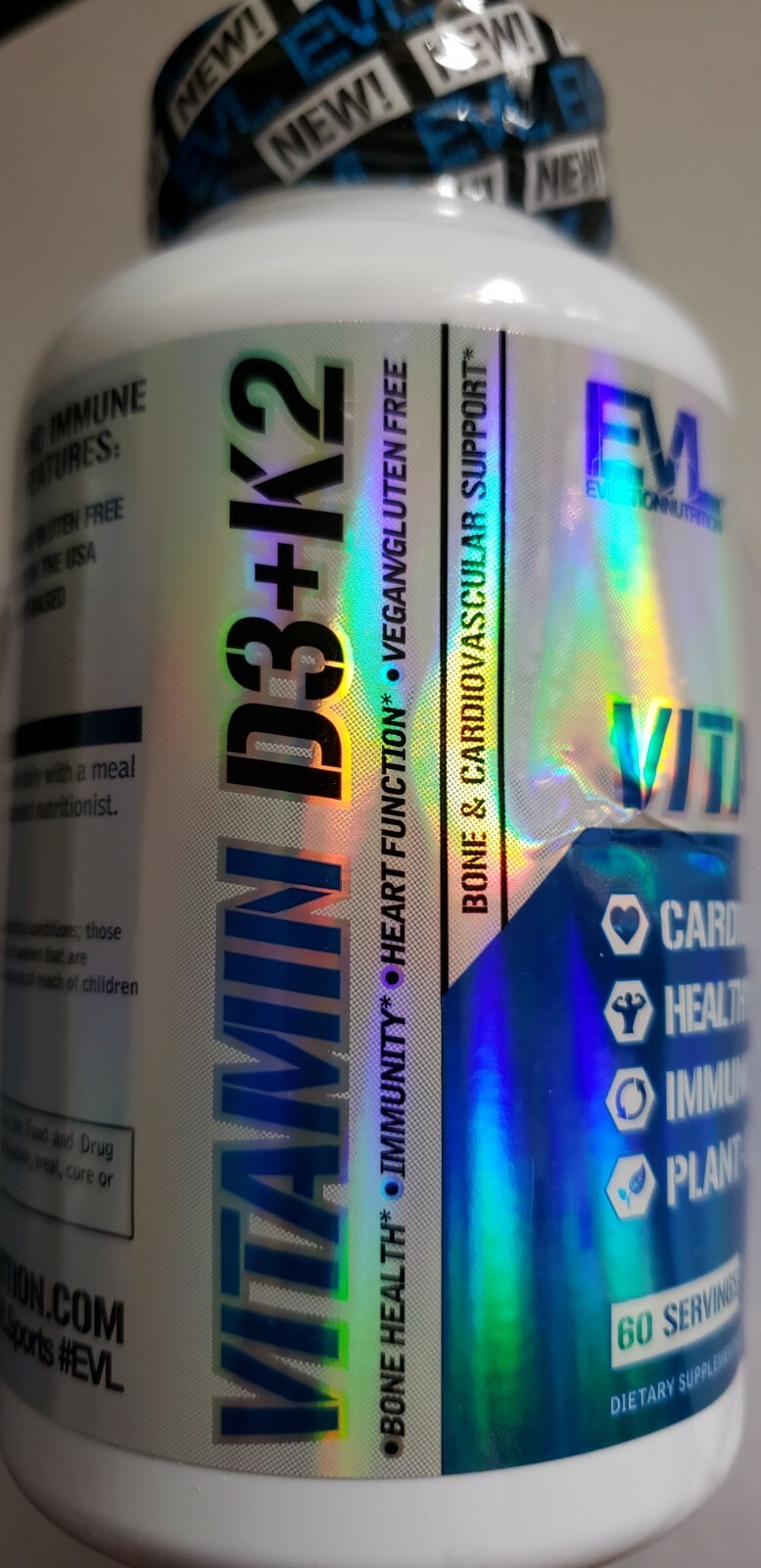Evlution Nutrition – Vitamin D3+K2 – 60 Veg Caps – Cardio/Bone Support – 12/2026