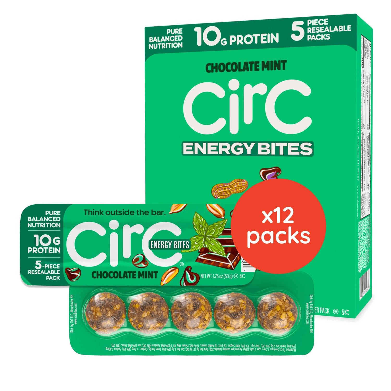 CirC Energy Bites – 12x Mint Choc Chip Gluten-Free Protein Balls – 10g Protein