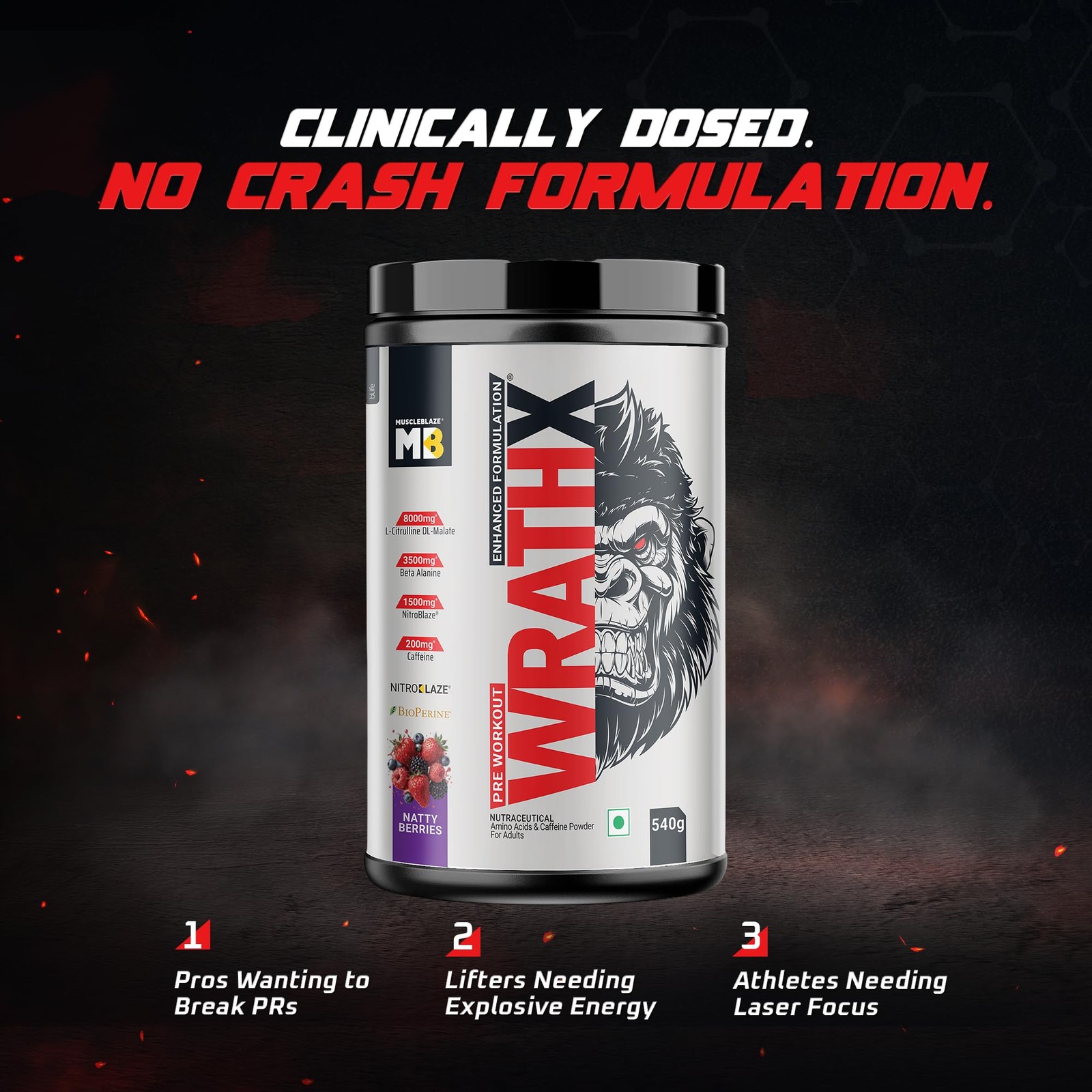 MuscleBlaze WrathX Pre Workout Powder 540g – Natty Berries, Creapure, NitroBlaze