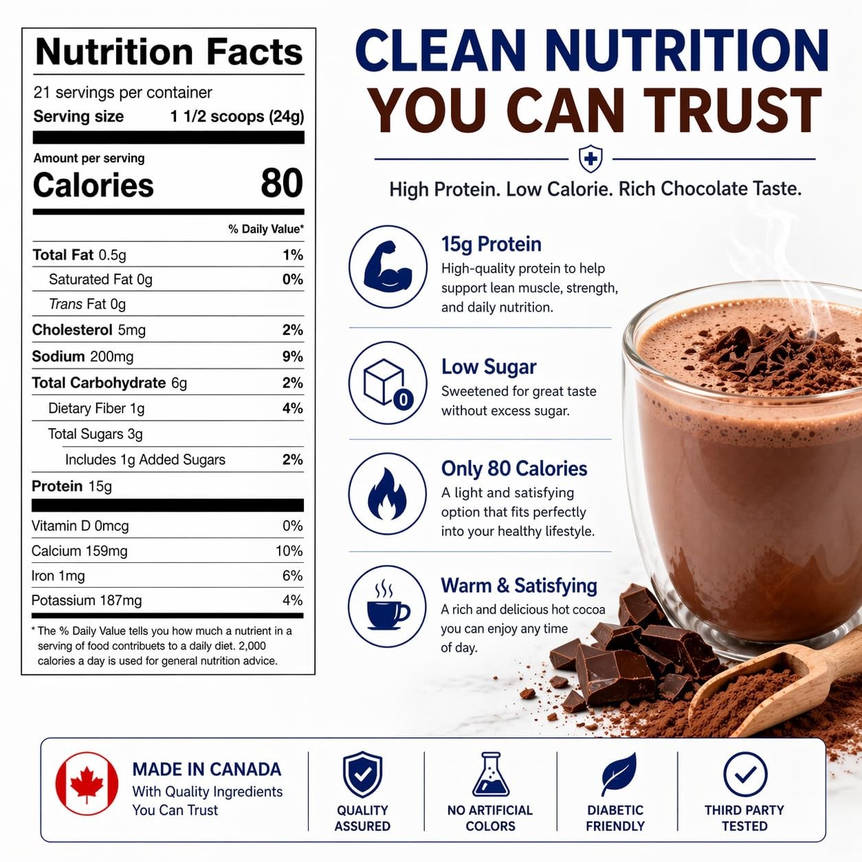 7Diabetic High Protein Hot Cocoa Powder 80 Calories 15g Protein Hot Chocolate