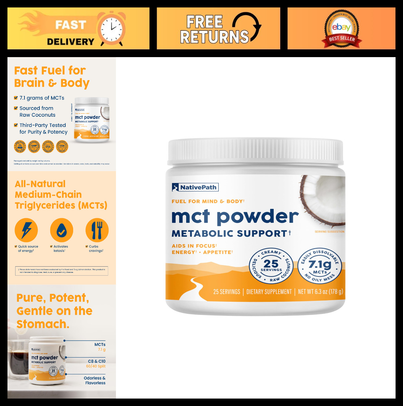 Keto MCT Oil Powder Unflavored, C8 & C10, 25 Servings, Coconut-Based, Dairy-Free