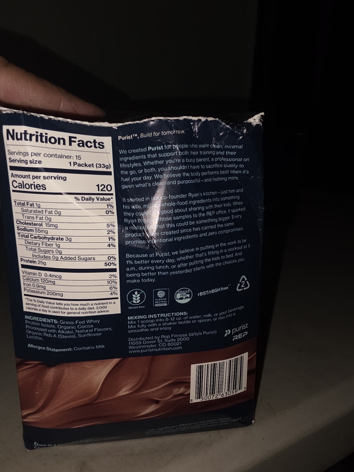 PURIST REP Whey Protein Powder, Premium Milk Chocolate Grassfed Isolate 15 Serv