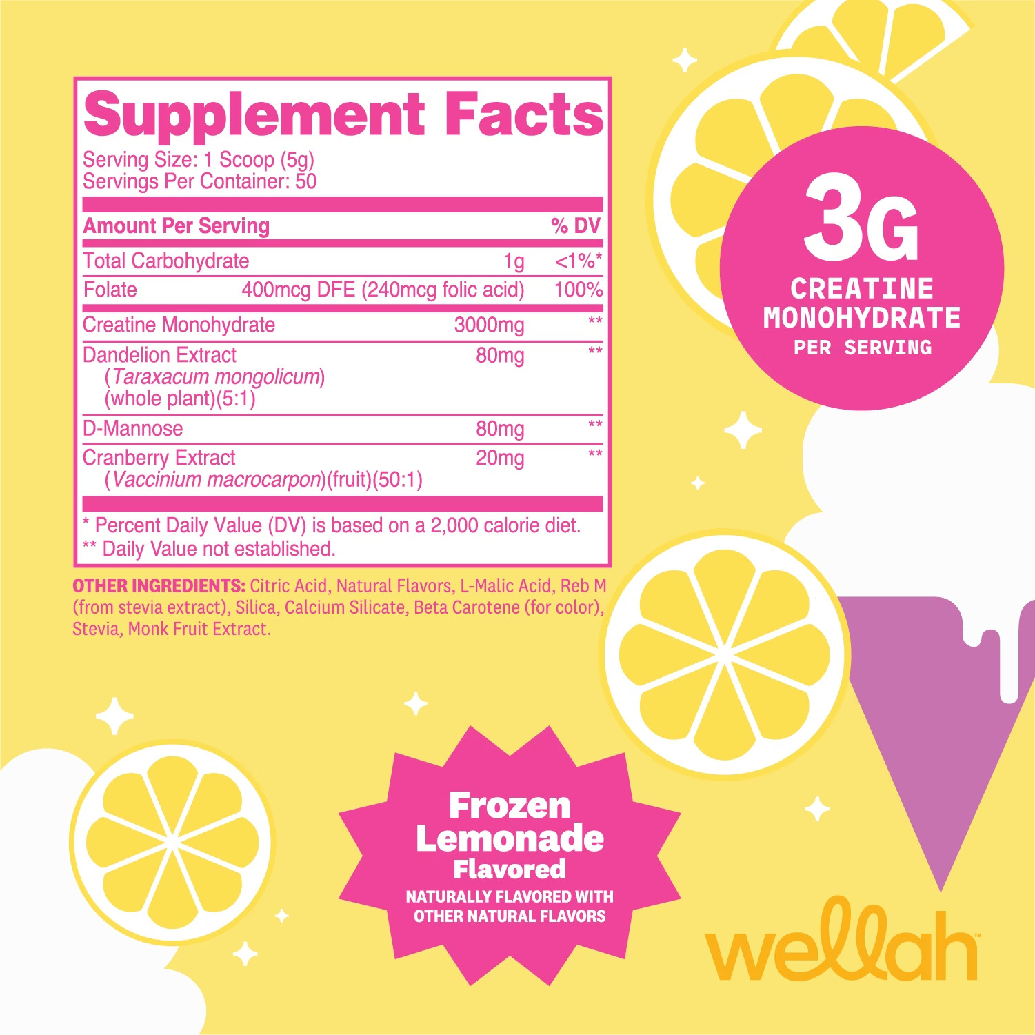 Wellah Creatine for Women (50 Servings, Frozen Lemonade) – Creatine Monohydrate