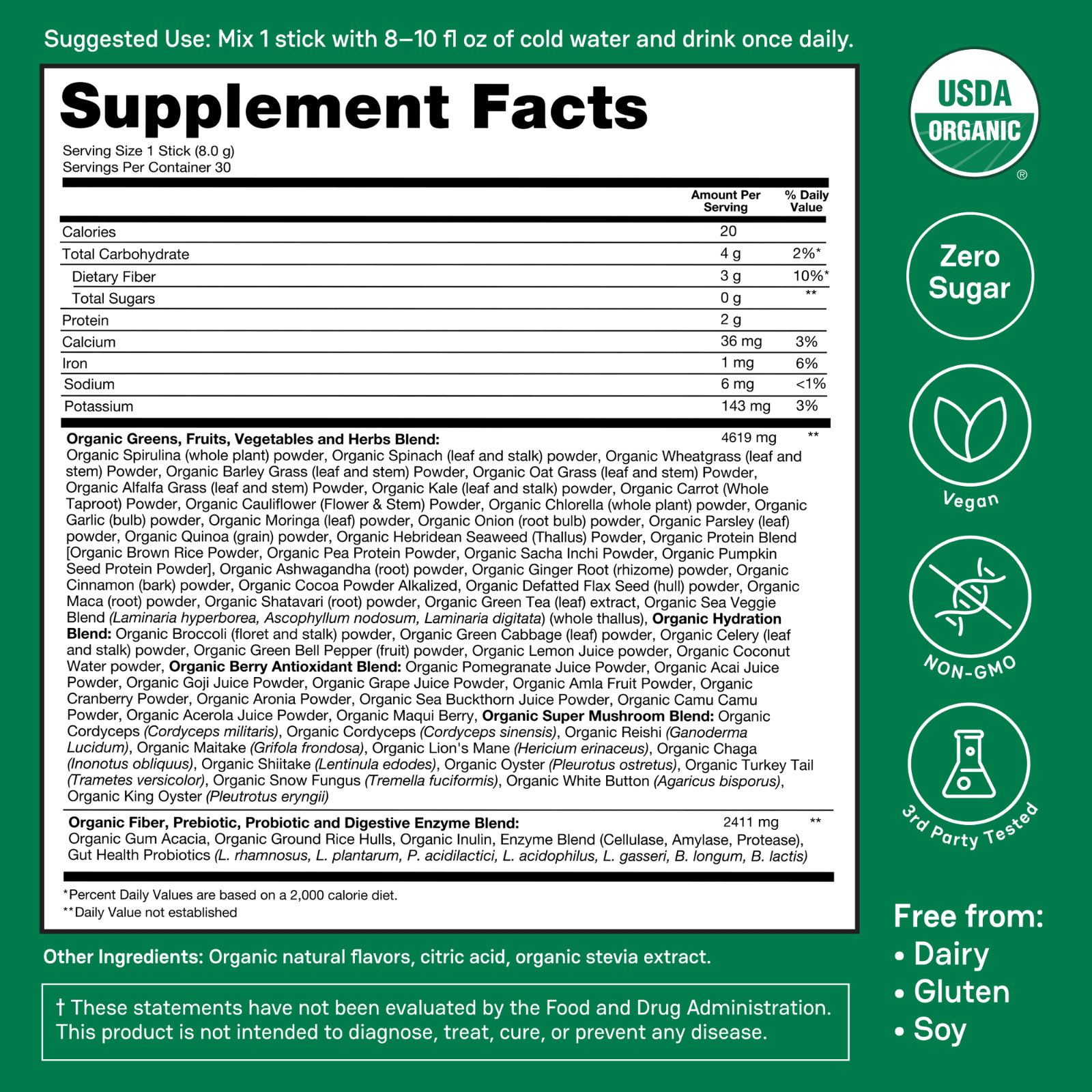 Zena Organic Supergreens Powder, Mixed Berry, 30 Servings 70+ Superfoods, 0Sugar