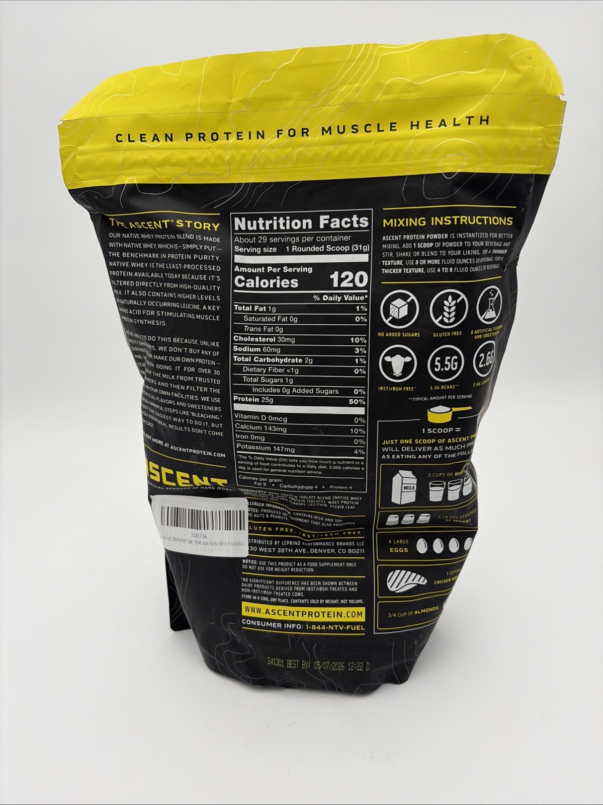 Ascent 100% Whey Protein Powder Vanilla Bean 2 Lb BB 5/07/26