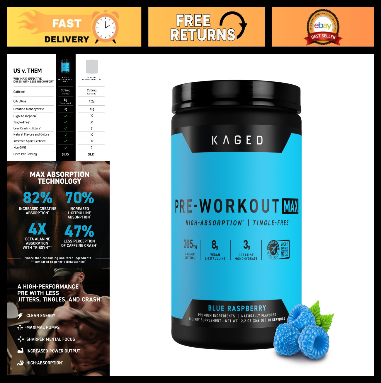 High-Stim Pre-Workout Powder – Blue Raspberry, 305mg Caffeine, Creatine & L-Citr