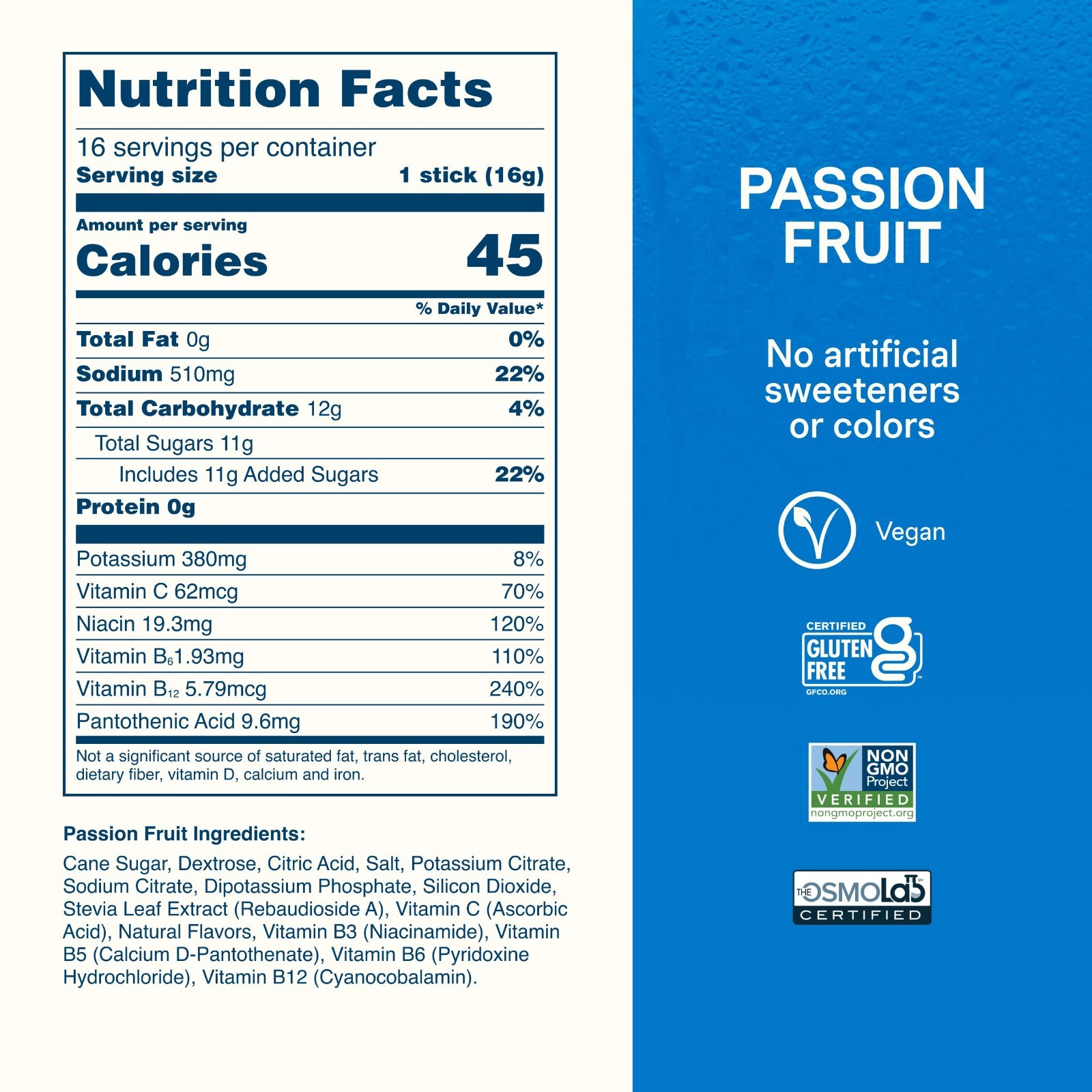 Hydration Electrolyte Powder Drink Mix, Passion Fruit Flavor, 16 Count, Vegan, N