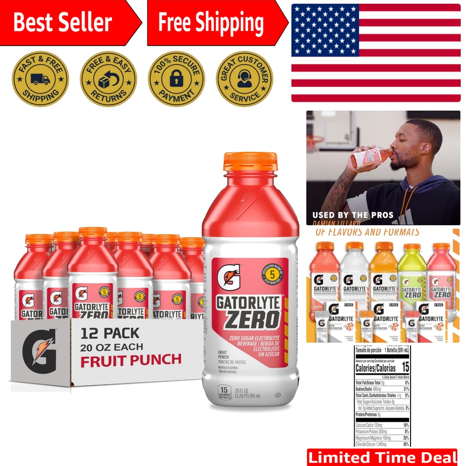 Gatorlyte Zero Fruit Punch Electrolyte Drink – 12×20 fl oz for Rapid Hydration