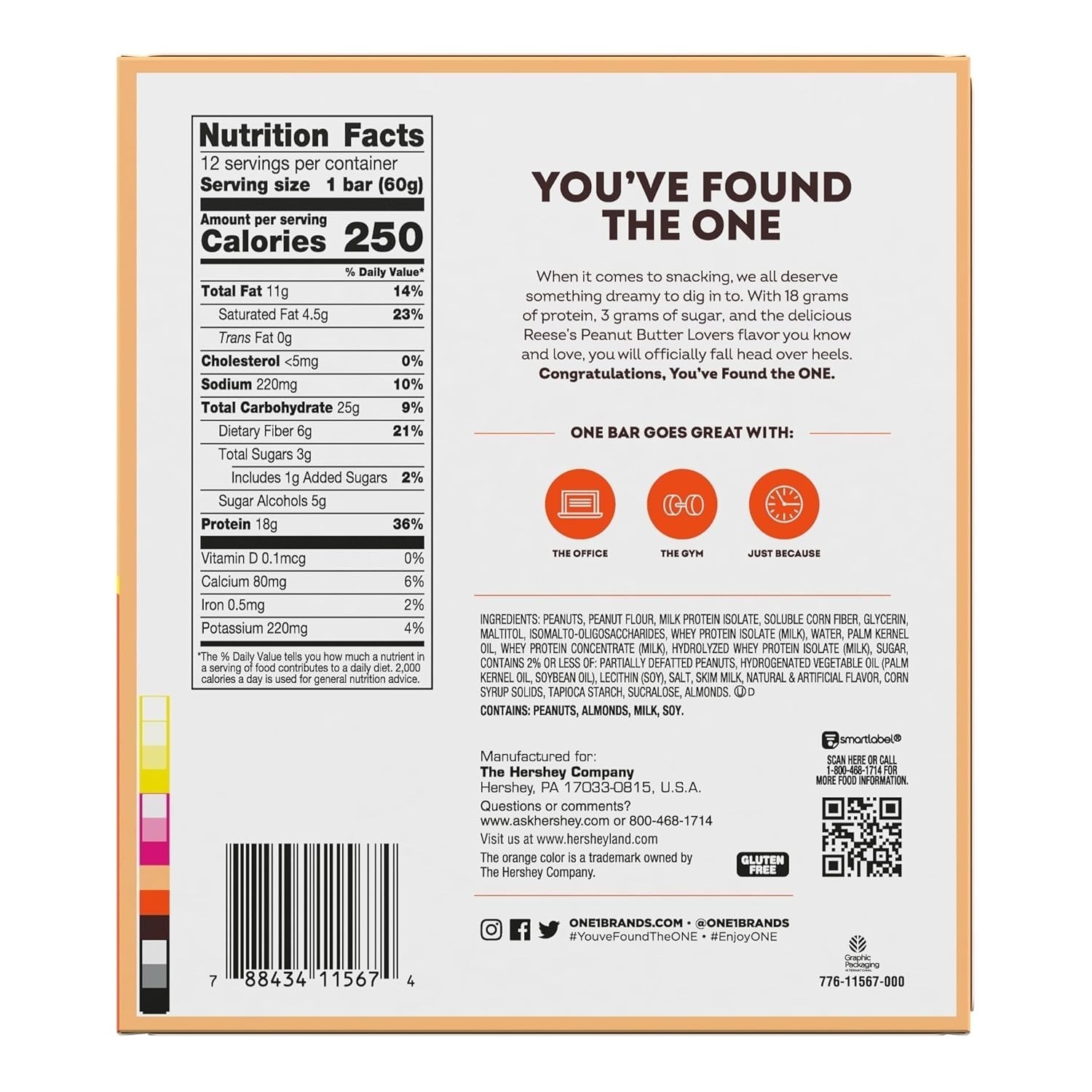 ONE Reese’s Peanut Butter Protein Bar, 18g Protein, Gluten Free, 12 ct