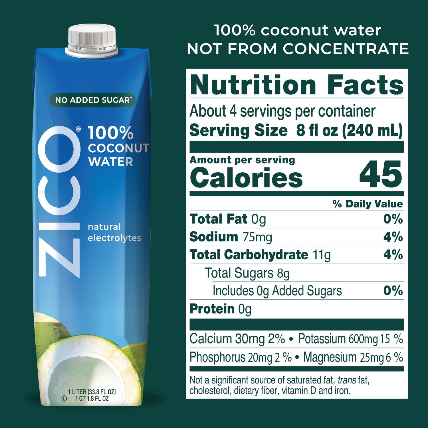 100% Pure Coconut Water, No Added Sugar, Electrolyte Hydration, 33.8 Fl Oz, 4-Pa