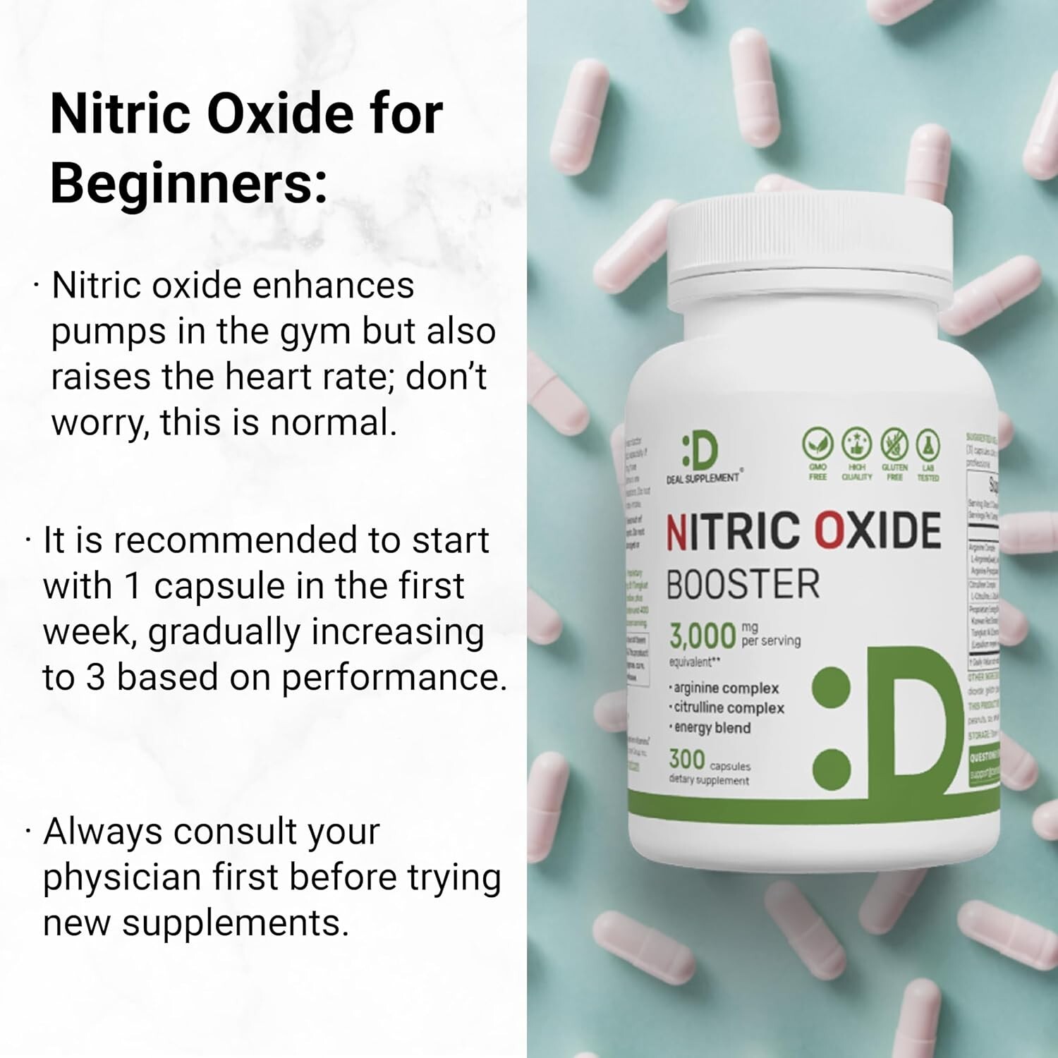 Nitric Oxide Booster Supplement – L-Arginine, L-Citrulline 3000mg – 300 Capsules