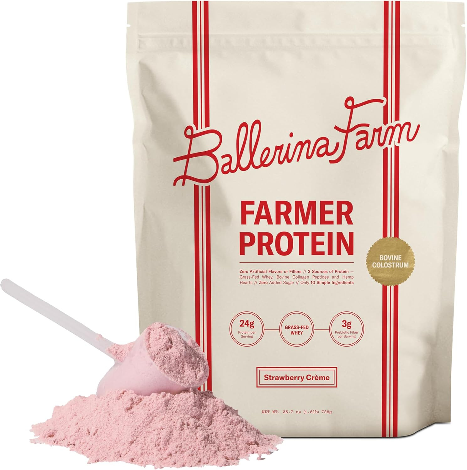 Grass Fed Whey Protein Powder Strawberry Crème, 24G Protein with Collagen Peptid