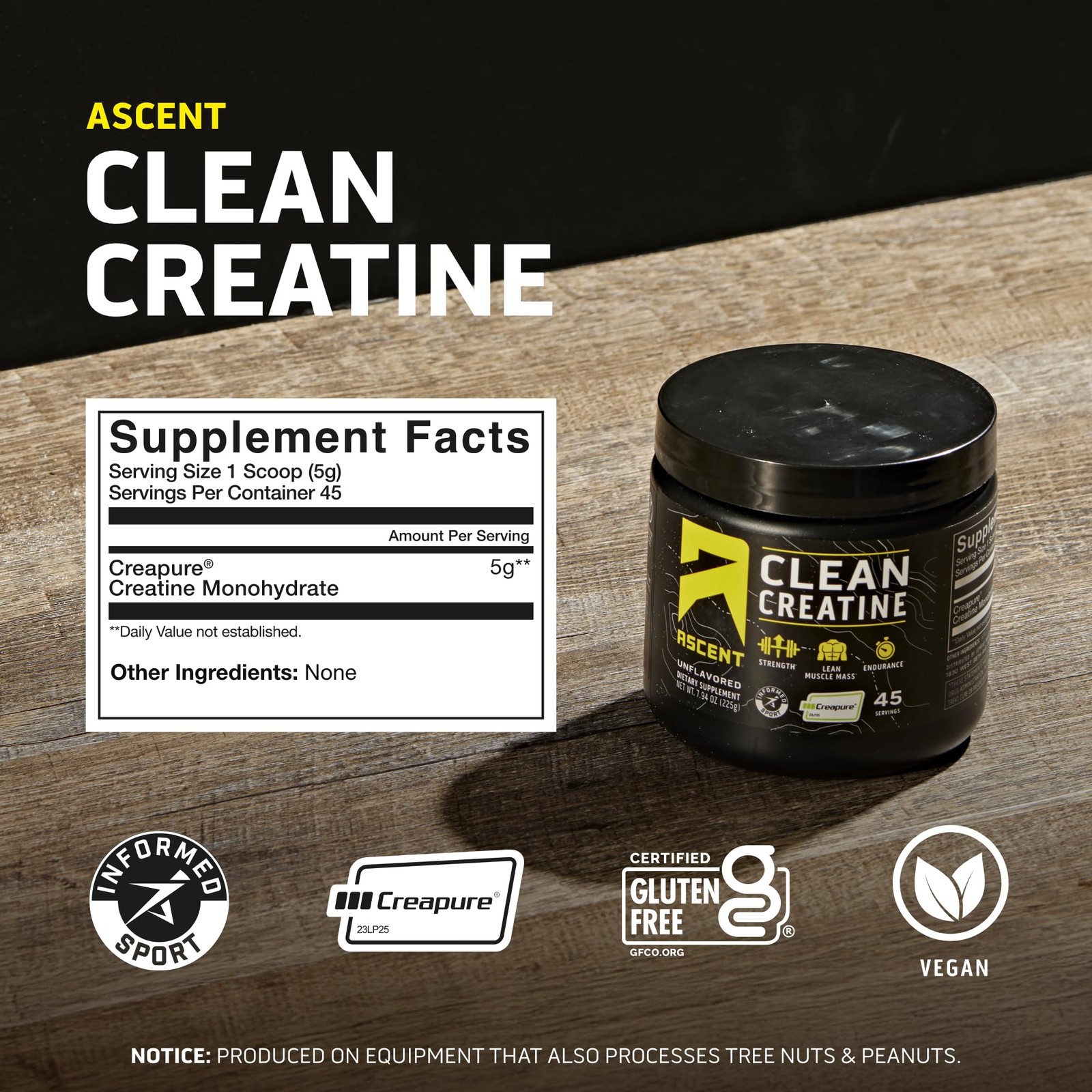 Ascent Clean Creatine Monohydrate Powder – 5G Per 45 Servings (Pack of 1)