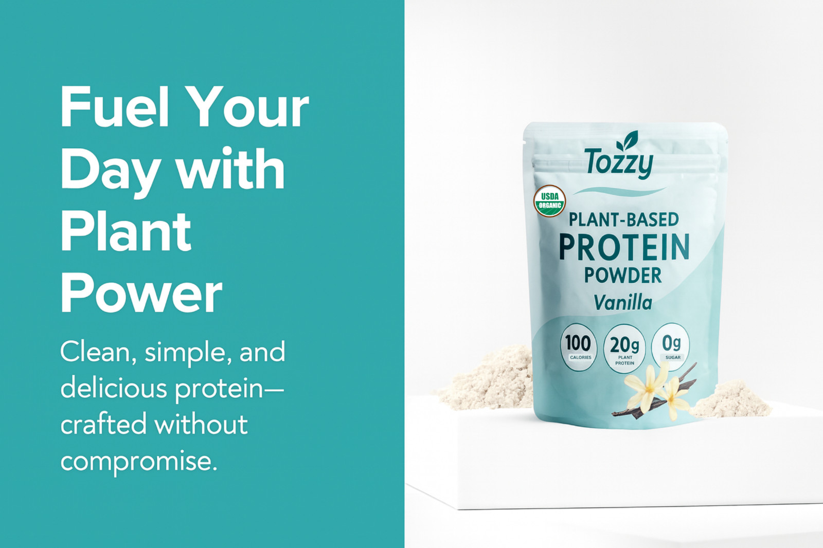 Organic Vegan Protein Powder- Vanilla,20g Protein-Only 5 Simple Ingredients 8 oz