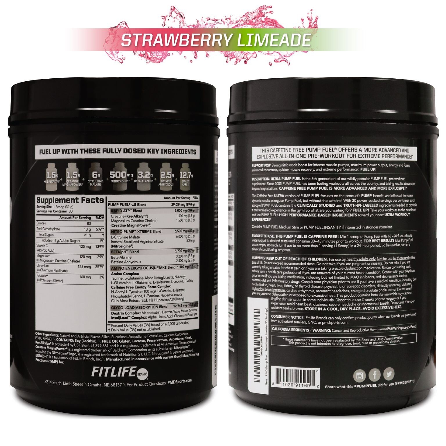 PMD SPORTS PUMP FUEL ULTRA-CAFFEINE FREE – STRAWBERRY LIMEADE (30 servings)