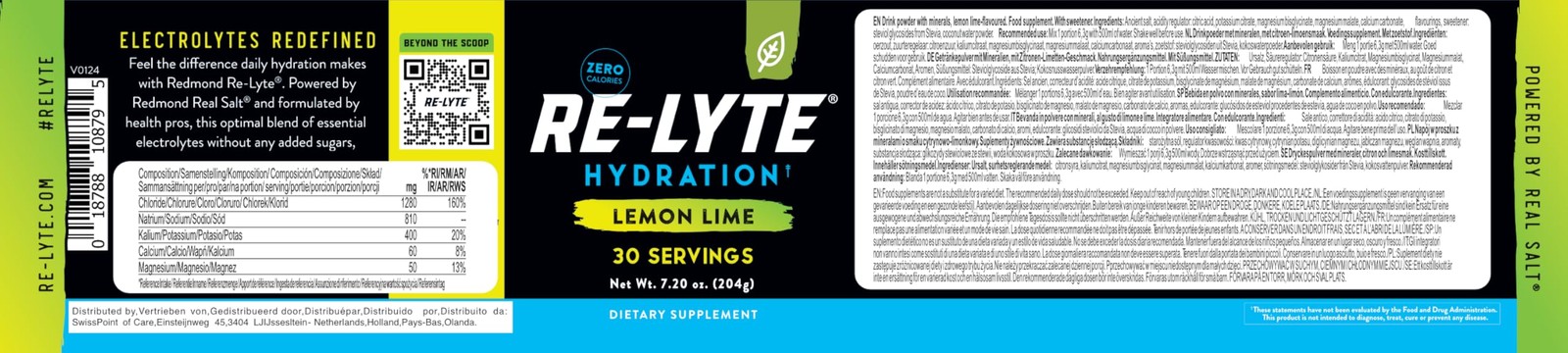 Redmond Re-Lyte Electrolyte Drink Mix Lemon Lime 30 Serving Small 6.88Oz Jar