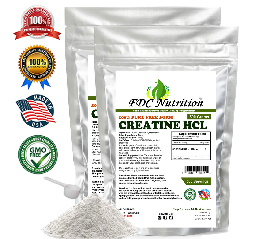 TWO PACKS 500g (1.1 lb) CREATINE HYDROCHLORIDE (HCL) US PHARMACEUTICAL GRADE