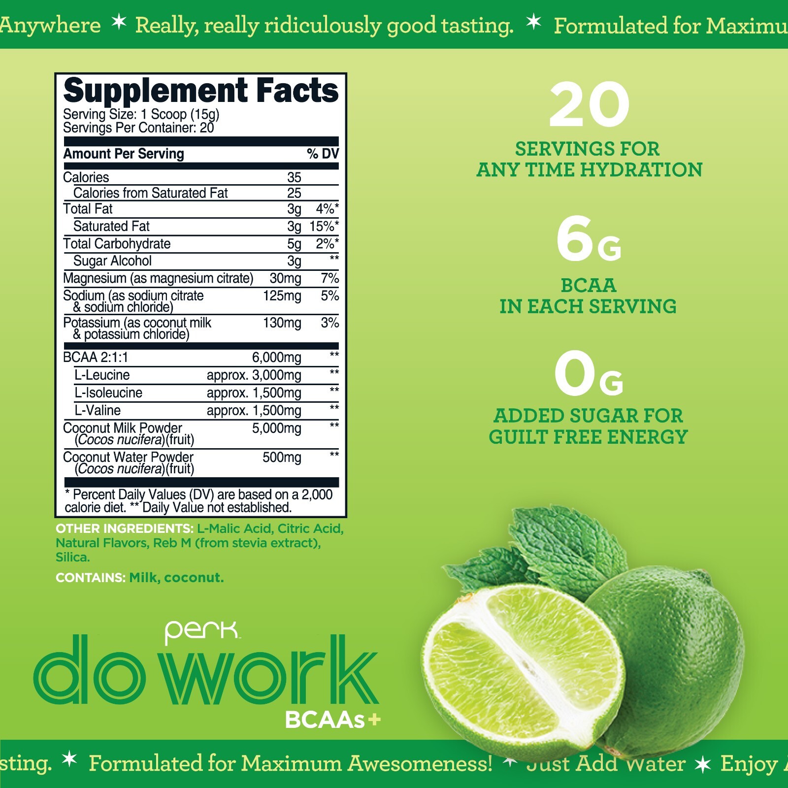 Perk BCAA + Hydration Electrolytes Powder (Mojito Lime Creme) – Naturally Sweet