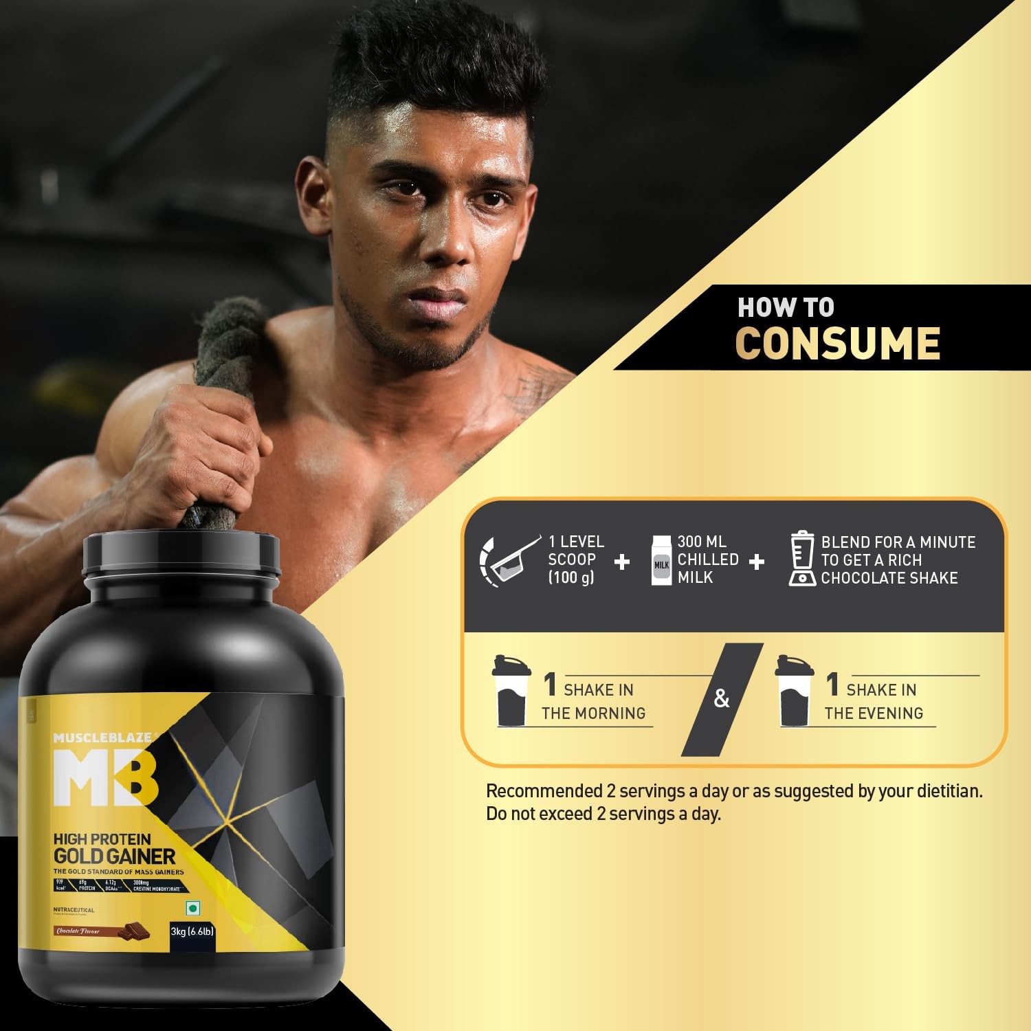 MuscleBlaze High Protein Gold Gainer (Chocolate, 3kg / 6.6lbs, 30 Servings)