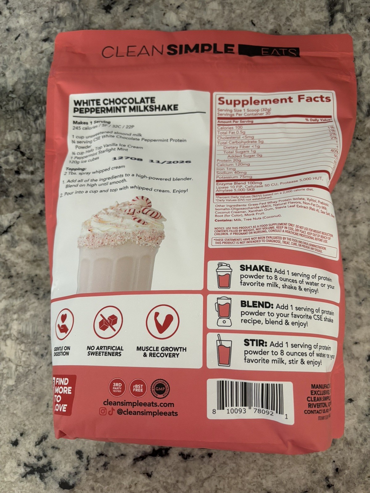 ❄️EXP 11/2026 Clean Simple Eats Whey Protein Powder, White Chocolate Peppermint