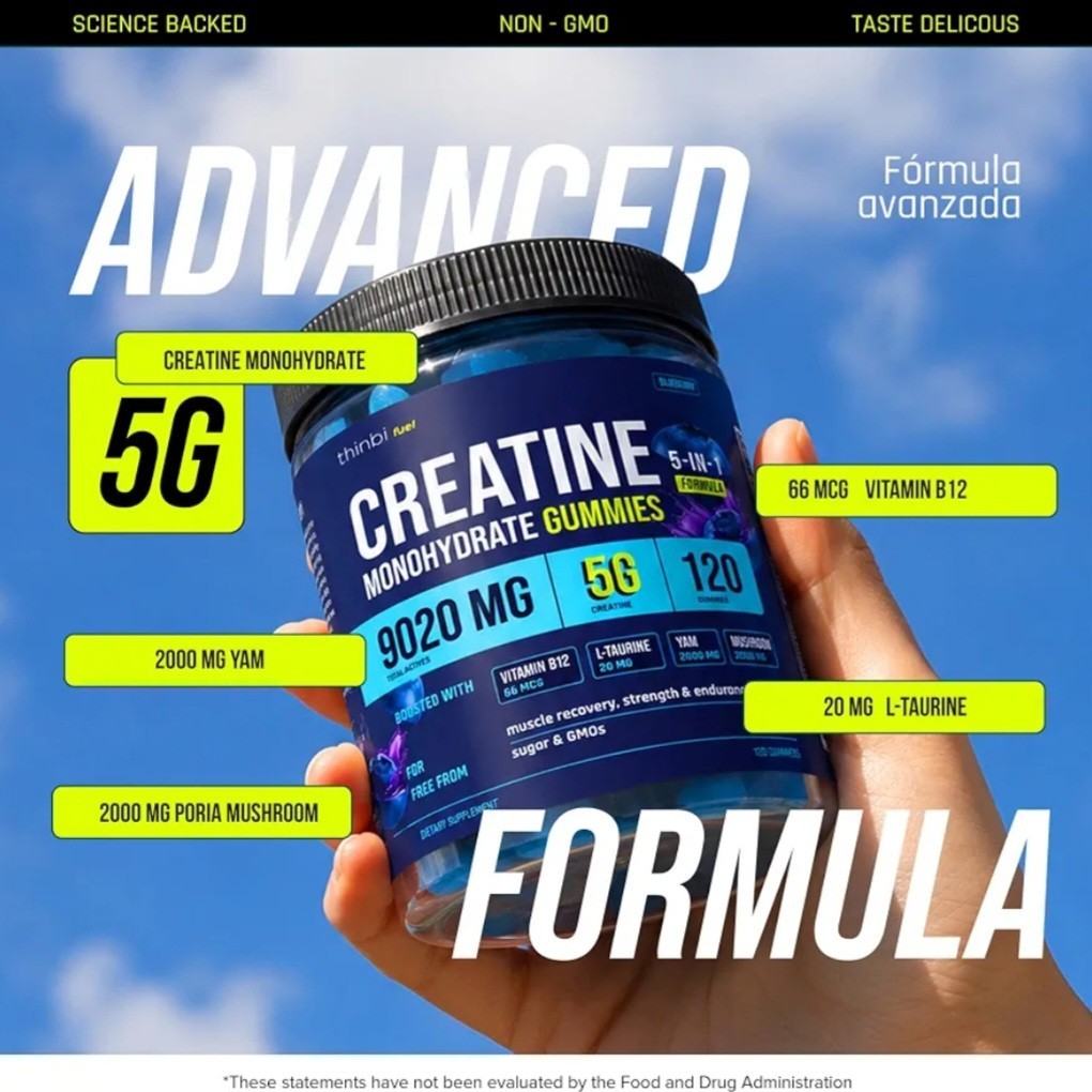 Thinbi Creatine Gummies Men & Women 9020mg 5-in-1 Complex Sugar Free Blueberry