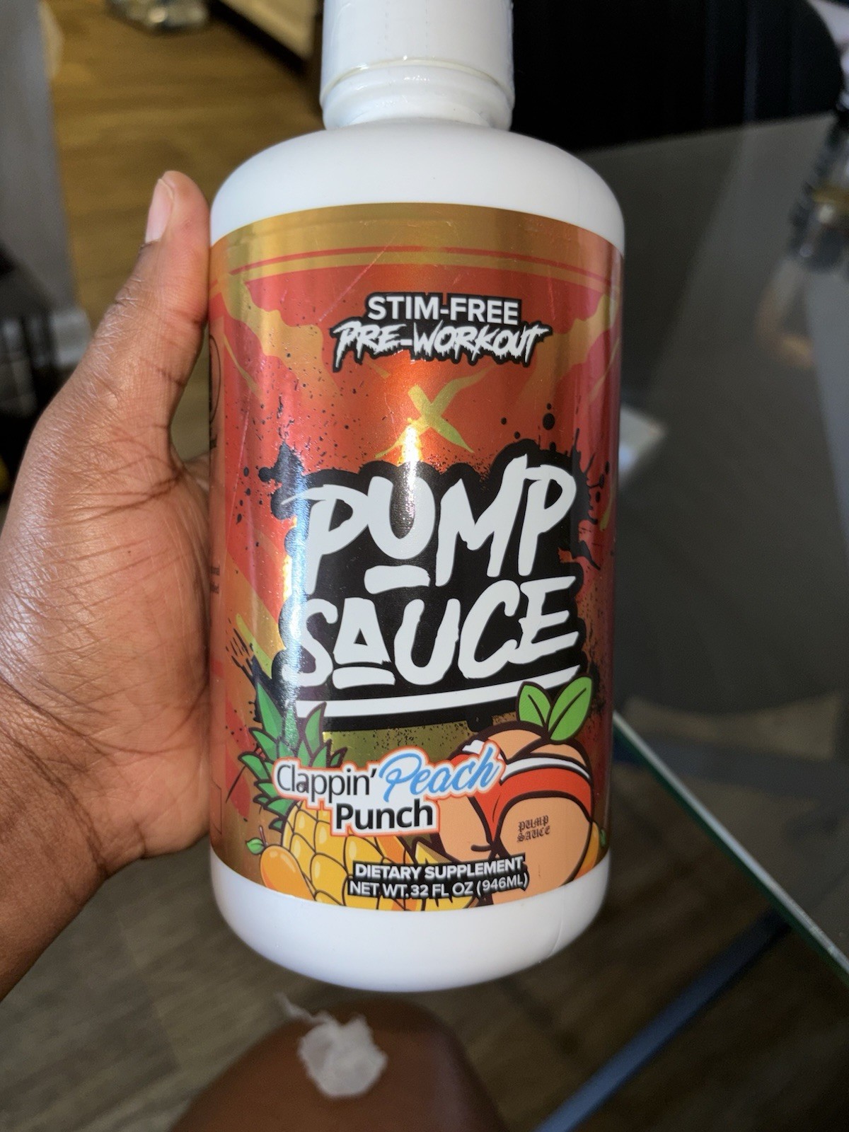 Pump Sauce Stim-Free Liquid Pre-Workout Supplement, Clappin’ Peach Punch 32 oz
