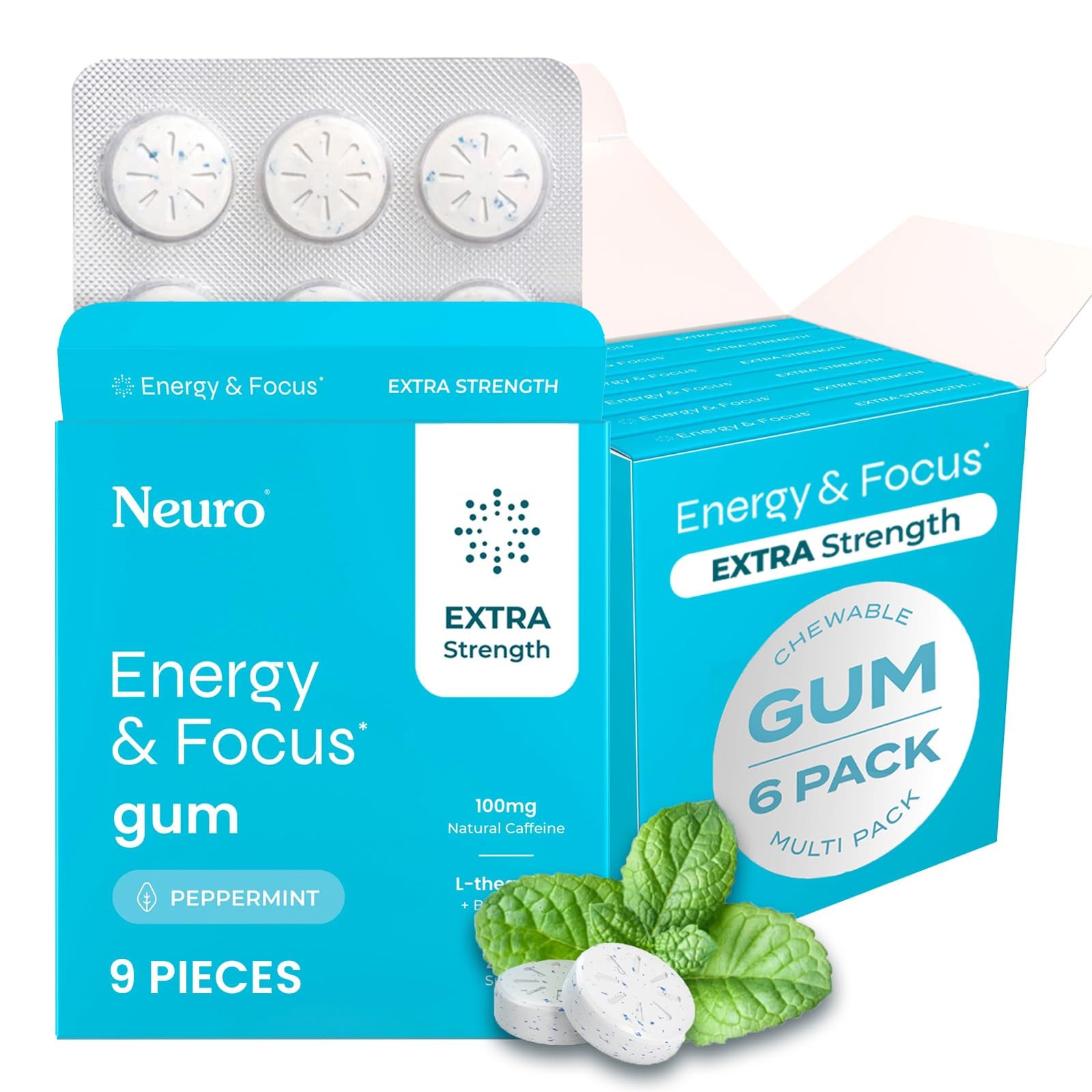 Neuro Energy & Focus Gum, Extra Strength – 9 Count (Pack of 6), Peppermint