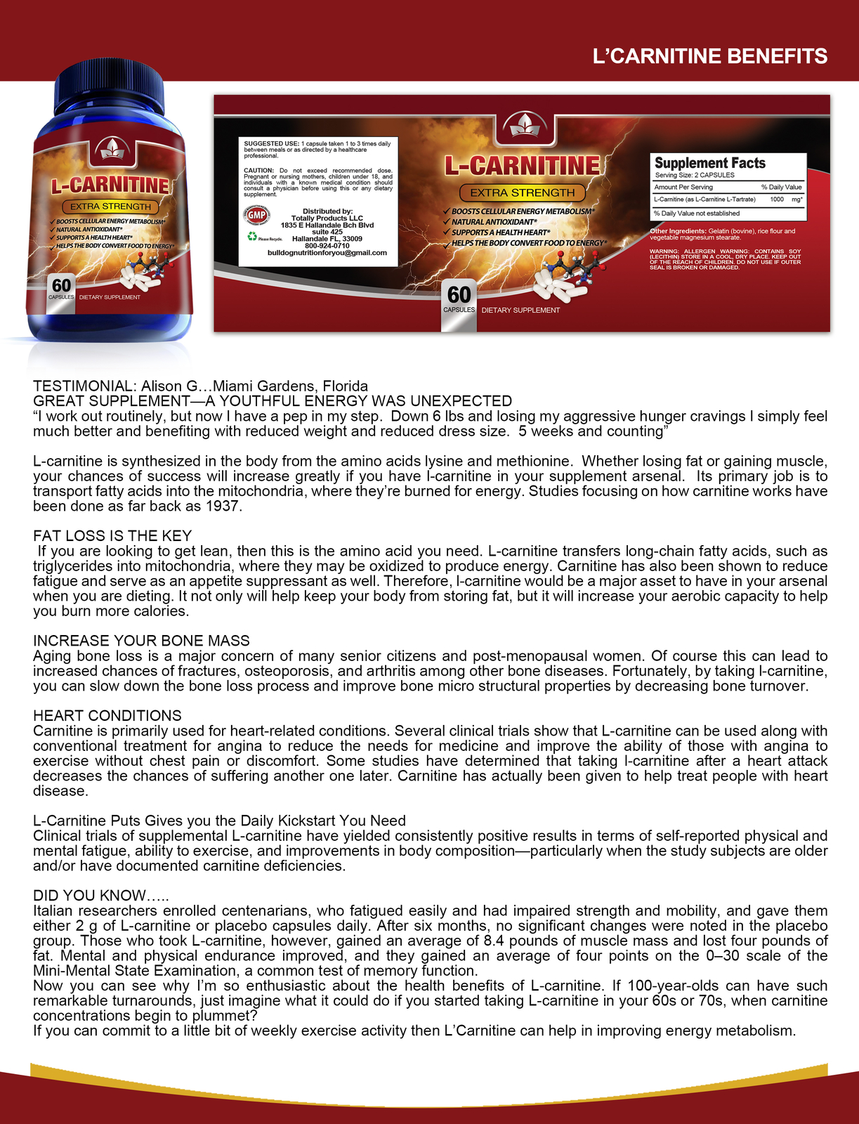 Ultimate L-Carnitine 1000mg 60 Caps Ultra Lean Mass Best Focus Fat Loss
