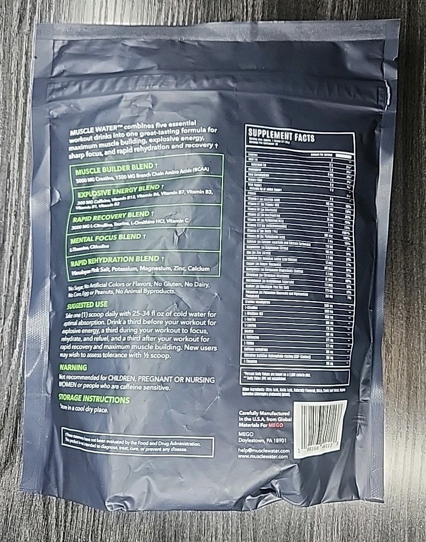 Muscle Water Pre Workout Powder Muscle+Pump+Energy 20+ Supplements (Green Apple)