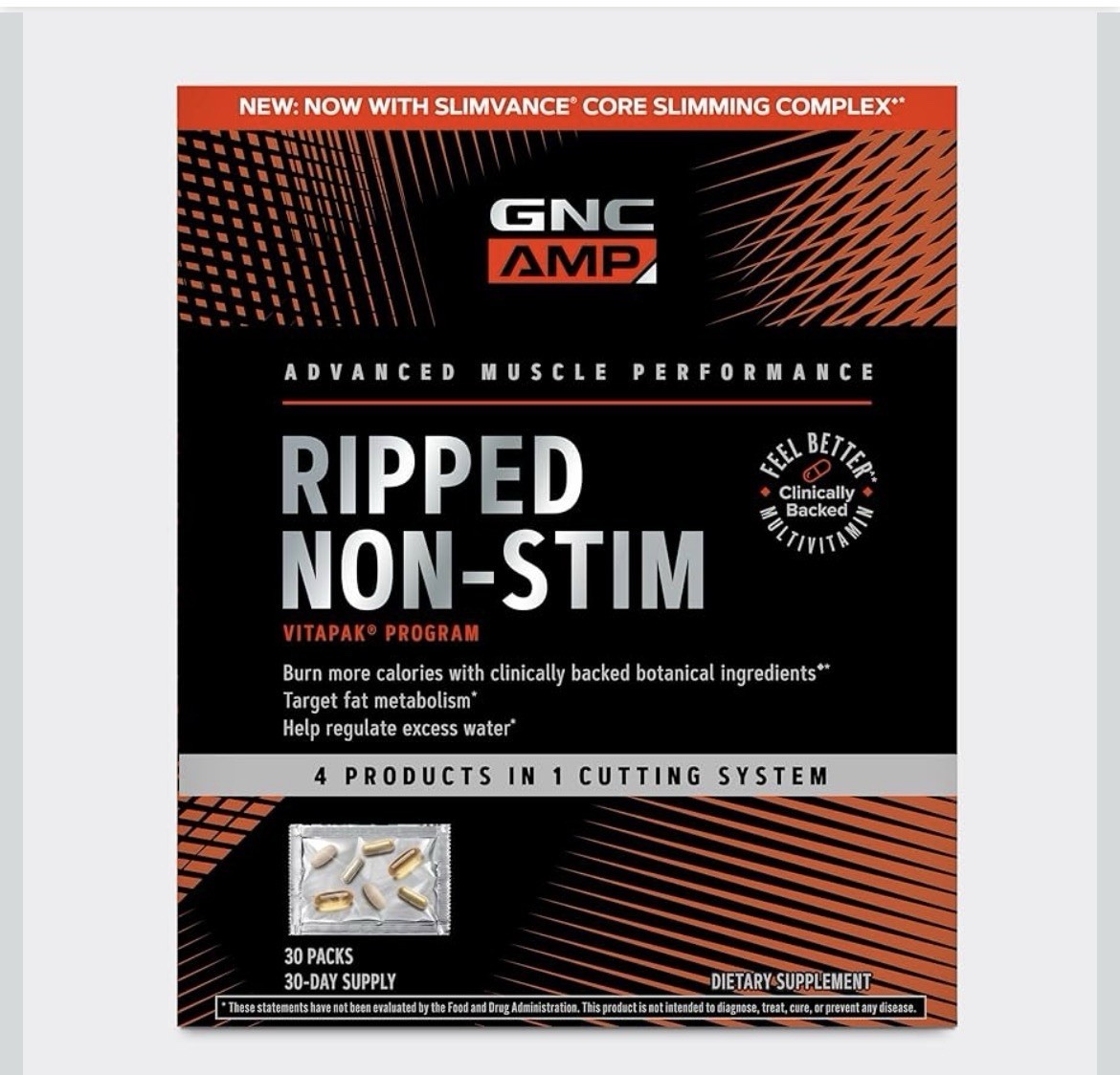 GNC AMP Ripped Non-Stim Vitapak Dietary Supplement 30 Packs, Caffeine-Free